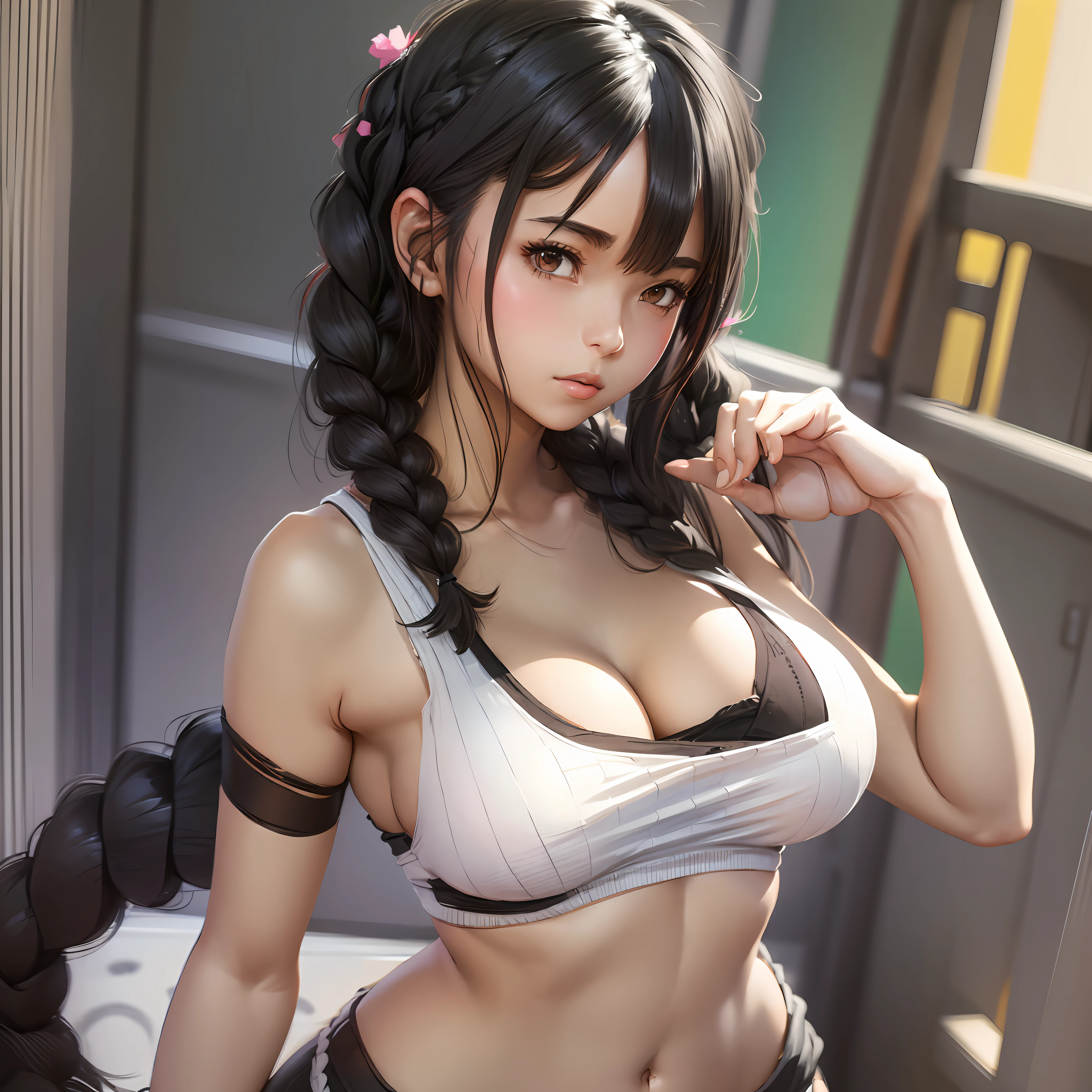 a drawing of a woman with medium black hair and a thong, braids, side boob, big breasts, heavy gesture style , flat anime style shading, suggestive looks, seductive anime girl, full body illustration, extra detail, clean detailed anime style, wearing a white tanktop, wearing tanktop, blushing, thick border lines --auto --s2