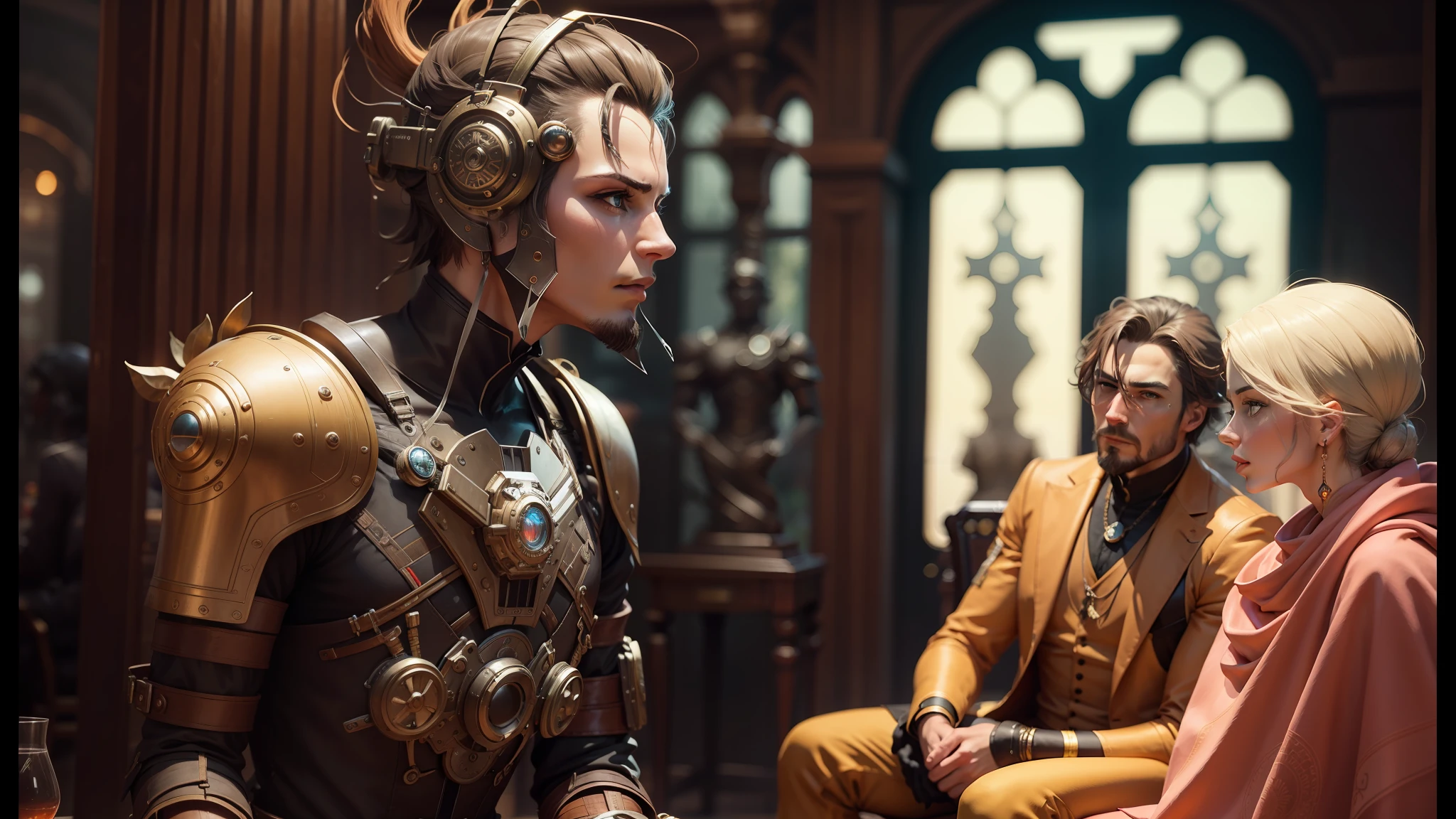there are two statues of people sitting next to each other, inspired by Android Jones, cyber steampunk 8 k 3 d, behance hd, shot on anamorphic lenses, by Jack M. Ducker, steam punk party, andrey gordeev, a beautiful detailed orixa, distant future, 2030s, cedric peyravernay. sharp focus --auto --s2