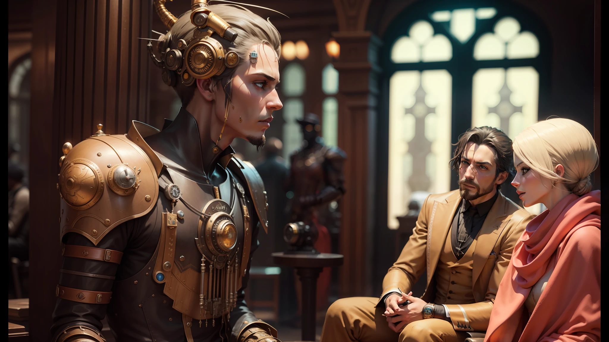 there are two statues of people sitting next to each other, inspired by Android Jones, cyber steampunk 8 k 3 d, behance hd, shot on anamorphic lenses, by Jack M. Ducker, steam punk party, andrey gordeev, a beautiful detailed orixa, distant future, 2030s, cedric peyravernay. sharp focus --auto --s2