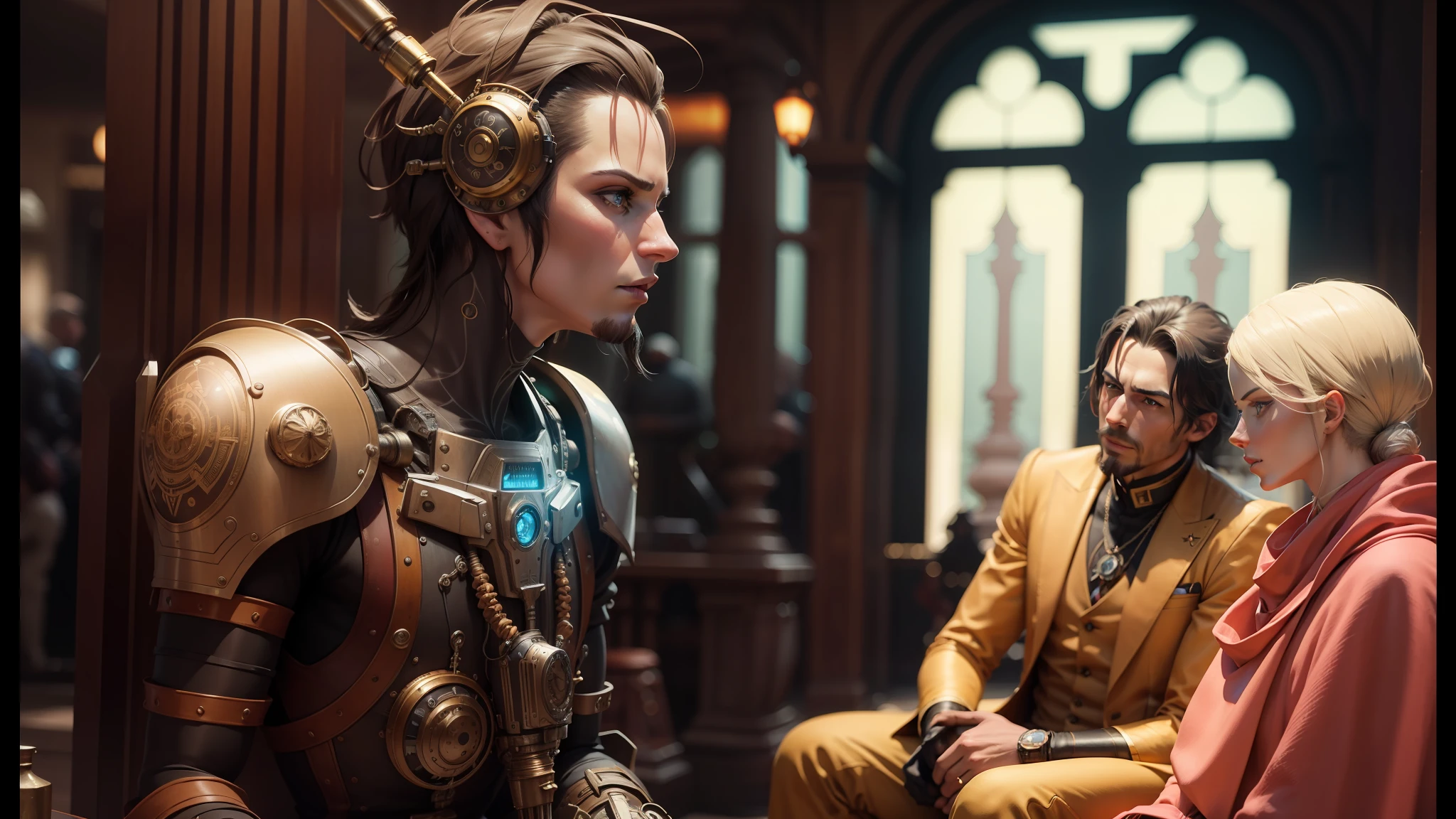 there are two statues of people sitting next to each other, inspired by Android Jones, cyber steampunk 8 k 3 d, behance hd, shot on anamorphic lenses, by Jack M. Ducker, steam punk party, andrey gordeev, a beautiful detailed orixa, distant future, 2030s, cedric peyravernay. sharp focus --auto --s2