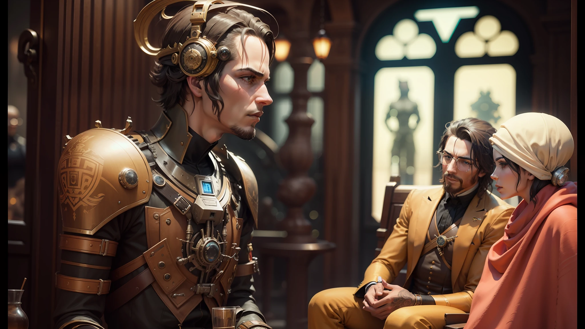 there are two statues of people sitting next to each other, inspired by Android Jones, cyber steampunk 8 k 3 d, behance hd, shot on anamorphic lenses, by Jack M. Ducker, steam punk party, andrey gordeev, a beautiful detailed orixa, distant future, 2030s, cedric peyravernay. sharp focus --auto --s2