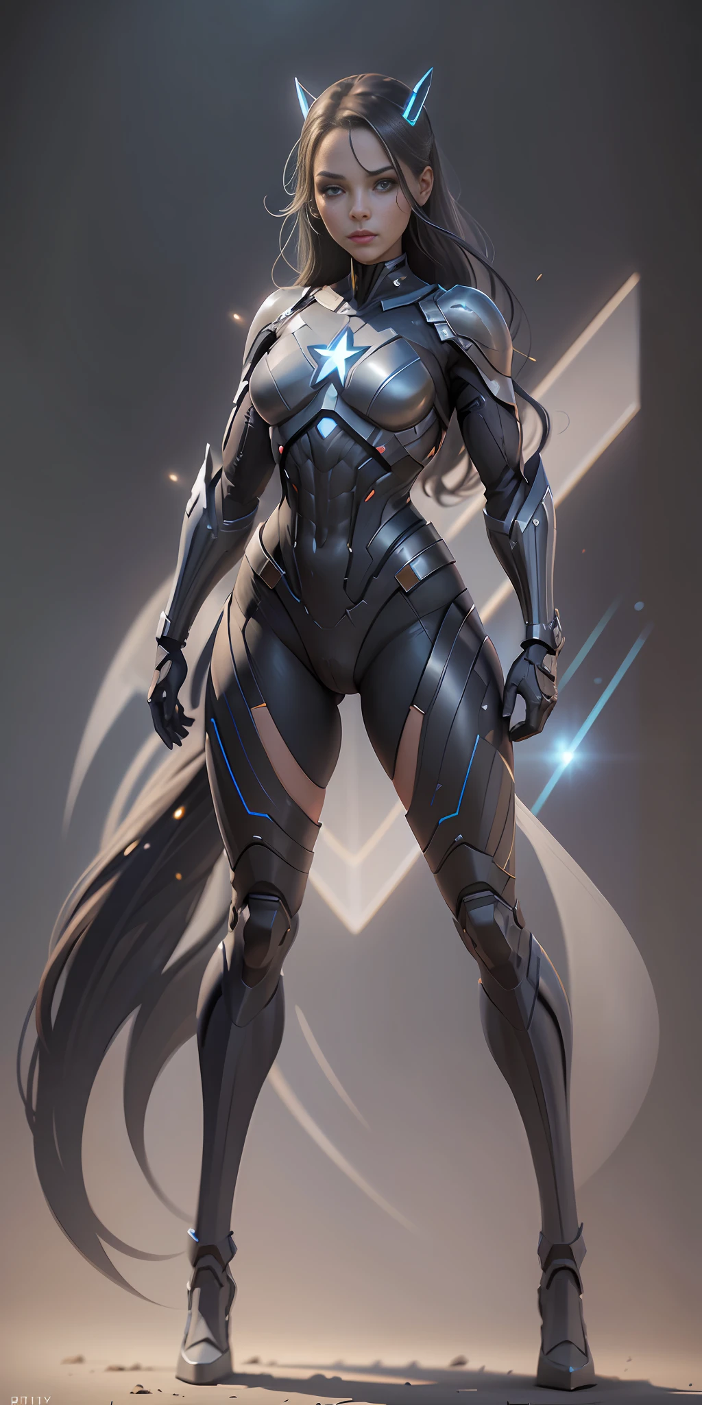 Stargirl from DC, frontal, full-length, looking at the camera, facing the audience, standing posture, simple background, three-dimensional light, detailed full-body concept, sleek digital concept art, beautiful full-body concept art, art trend, full-length CGsociety,