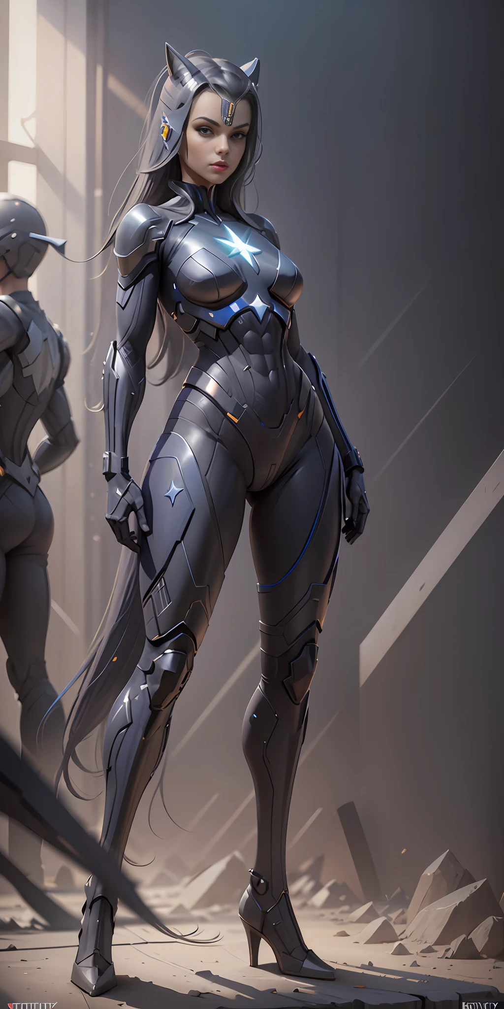 Stargirl from DC, frontal, full-length, looking at the camera, facing the audience, standing posture, simple background, three-dimensional light, detailed full-body concept, sleek digital concept art, beautiful full-body concept art, art trend, full-length CGsociety,