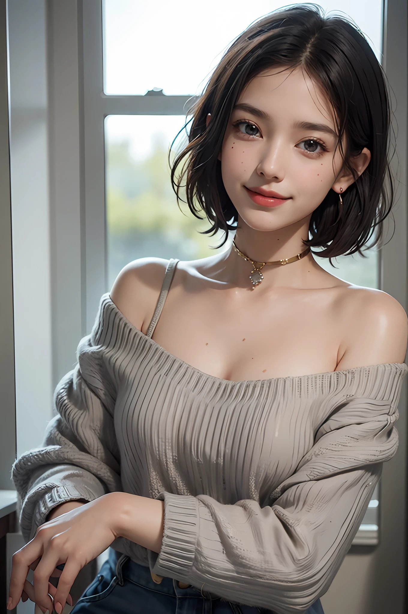 (Masterpiece: 1.3), (8k, Photorealistic, RAW Photo, Best Quality: 1.4), (1girl), Beautiful Face, (Realistic Face), (Black Hair, Short Hair: 1.3), Beautiful Hairstyle, (Bangs), (Smile), Smile, Realistic Eyes, Gloss, Highlights, Highlights in the Eyes, Eyelashes, Beautiful Detail Eyes, (Realistic Skin), Beautiful Skin, Transparency, Off Shoulder, Red knit, blue knit, black shoulder strap, shoulder strap, thick choker, bust, smile, tooth, absurdity, attractive, ultra high resolution, ultra-realistic, high definition, golden ratio, crystal clear eyes, wet, mole, gaze on camera, ears, sparkle, long neck, double eyelids, big eyes, cheeks, gentle character, attractive personality, gentle, touching, overwhelming charm, bright personality