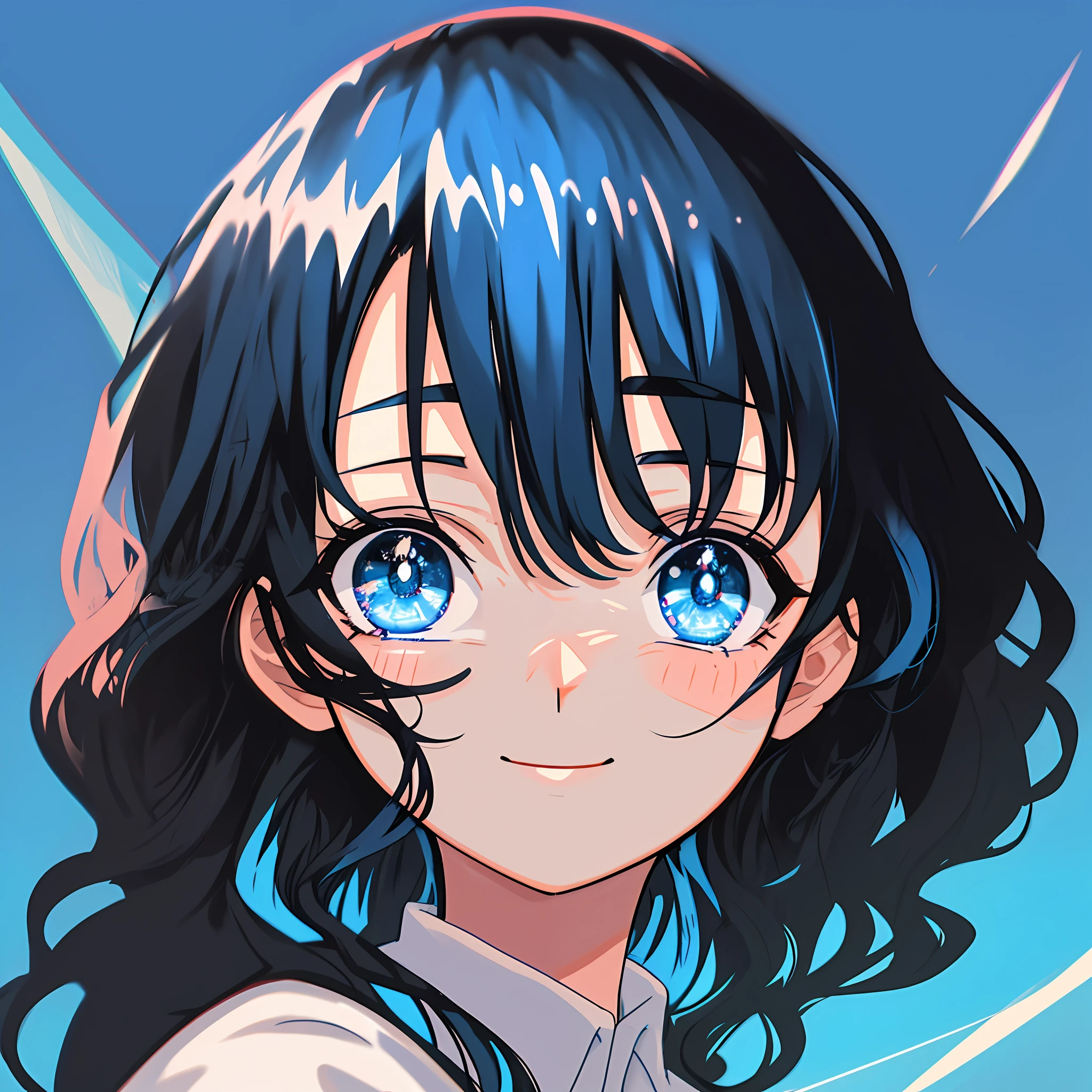 Black hair, anime, ghibli, anime style, close up, from side, first-person perspective, 8k, super detail, masterpiece,super detail, high quality, high resolution, high detail, white background, face detail, happiness, curly hair, blue eyes