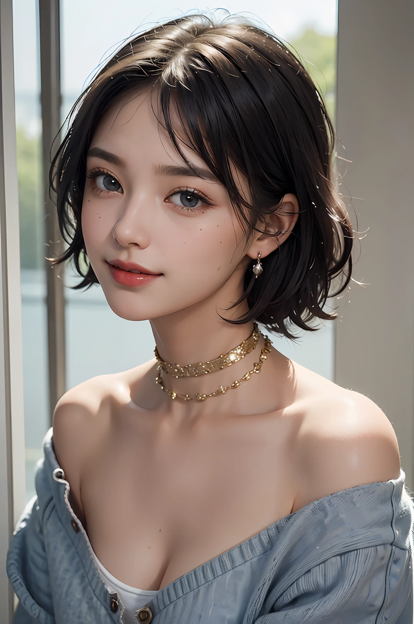 (Masterpiece: 1.3), (8k, Photorealistic, RAW Photo, Best Quality: 1.4), (1girl), Beautiful Face, (Realistic Face), (Black Hair, Short Hair: 1.3), Beautiful Hairstyle, (Bangs), (Smile), Smile, Realistic Eyes, Gloss, Highlights, Highlights in the Eyes, Eyelashes, Beautiful Detail Eyes, (Realistic Skin), Beautiful Skin, Transparency, Off Shoulder, Red knit, blue knit, black shoulder strap, shoulder strap, thick choker, bust, smile, tooth, absurdity, attractive, ultra high resolution, ultra-realistic, high definition, golden ratio, crystal clear eyes, wet, mole, gaze on camera, ears, sparkle, long neck, double eyelids, big eyes, cheeks, gentle character, attractive personality, gentle, touching, overwhelming charm, bright personality