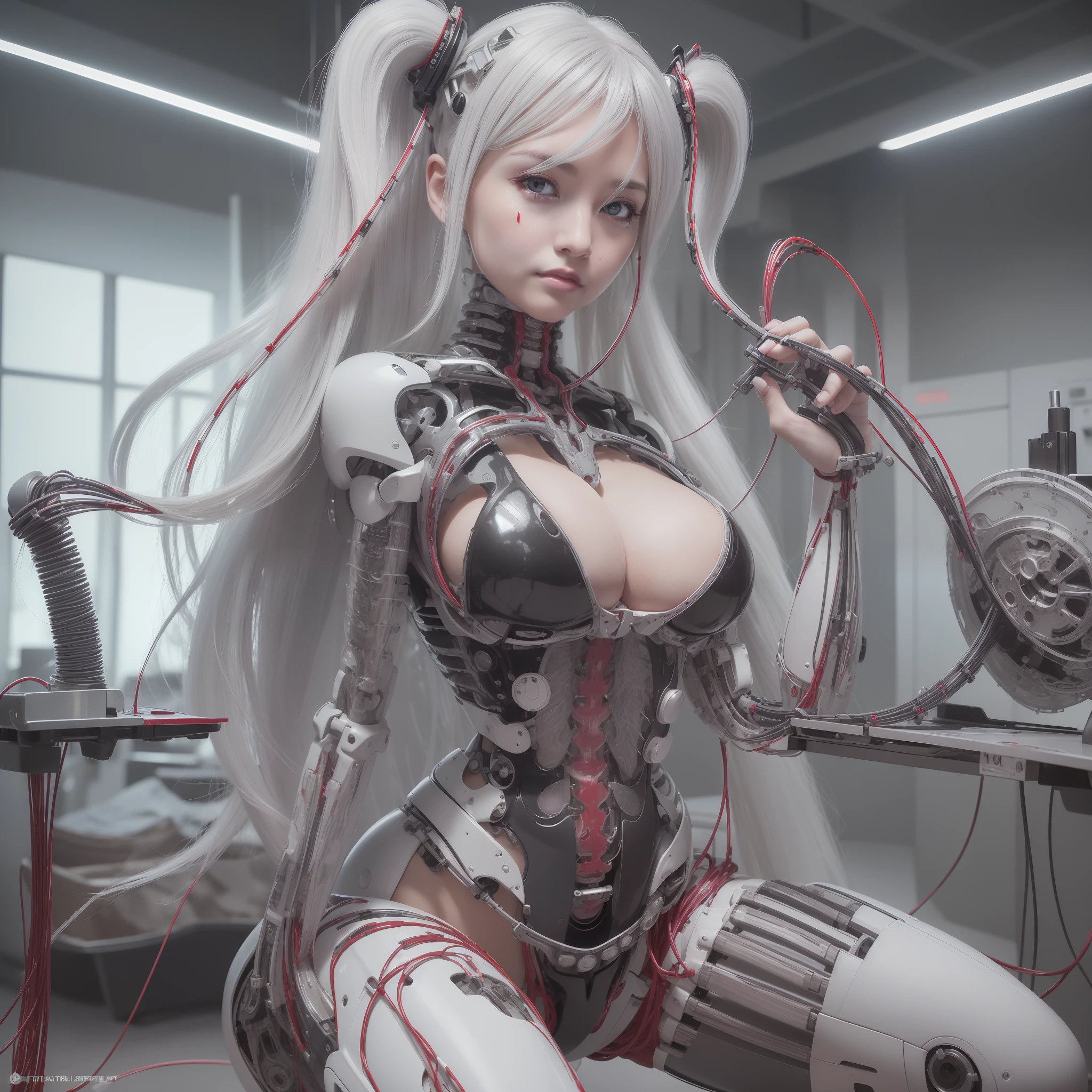 Beautiful Face,face is Japan, 1 Woman, Big, Curvaceous, Top Quality, Masterpiece, Ultra Detailed, (Blood vessel attached to tube)(Bikini Cyborg Robot Parts)))), (Light Grey Hair), Long Hair, Wavy Hair, Twin Tails, Medium Shot, (((Seductive Smile)), (Black Eyes), Princess Cut, (Cowboy Shot),Squatting, Spread your legs, in the lab, ( Blood vessels connected to tubes), (( Mechanical vertebrae attached to the back)),((Mechanical neck attached to the neck)),(Wires and cables attached to the head and body: 1.5),(Character focus),Science fiction,