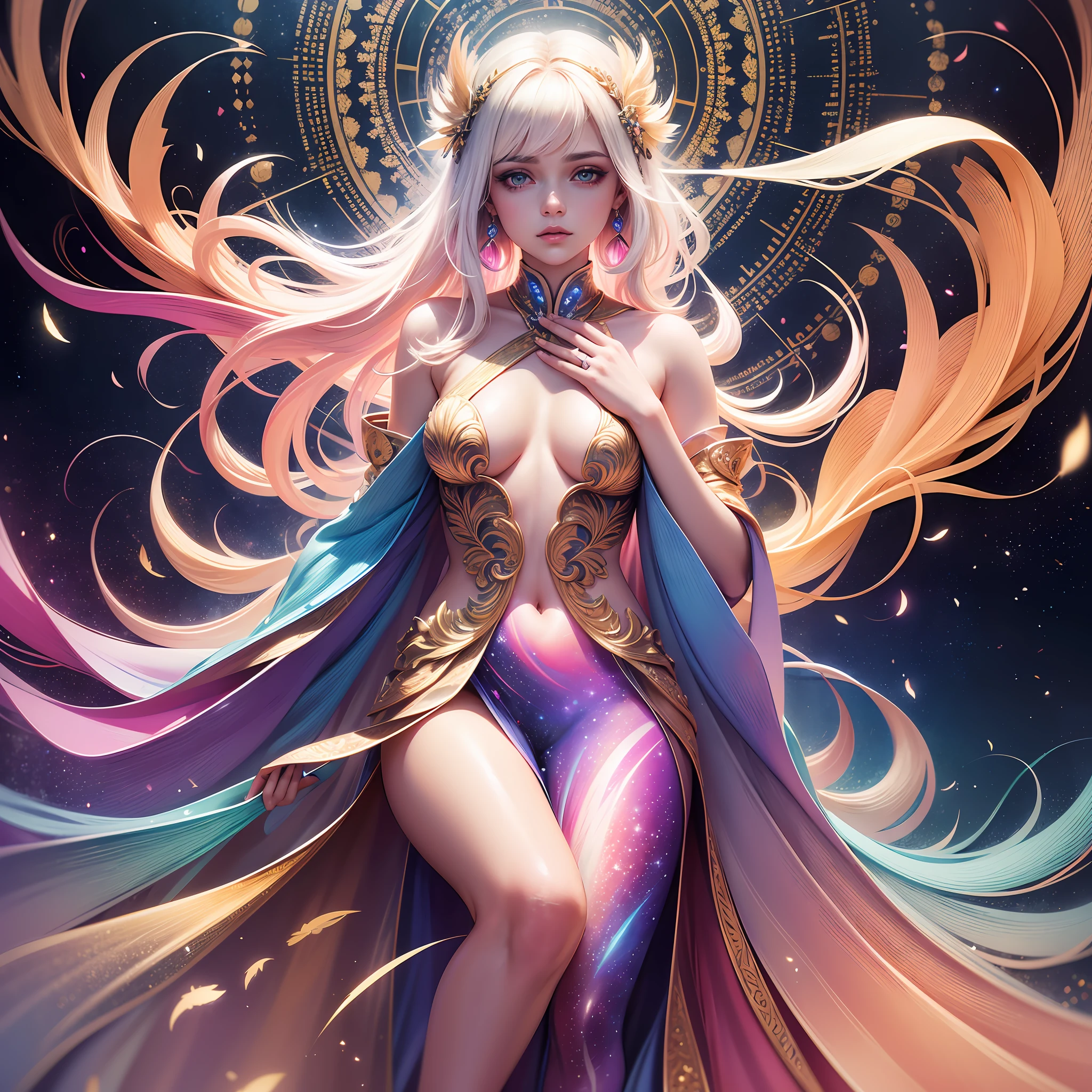 high resolution, best quality, masterpiece, very high image quality, ultra-detailed, hyperrealistic, 3d, anime, illustrations, fantasy, solo, very Beautiful woman with gentle seductive calm face, white medium hair, high layer cut, mullet hair style, sparkling gold big eyes, perfect proportions, full body, feather robe, thin gold line embroidery, background kaleidoscope galaxy rainbow colors of light, neon color light, neon color many thin lines --auto --s2