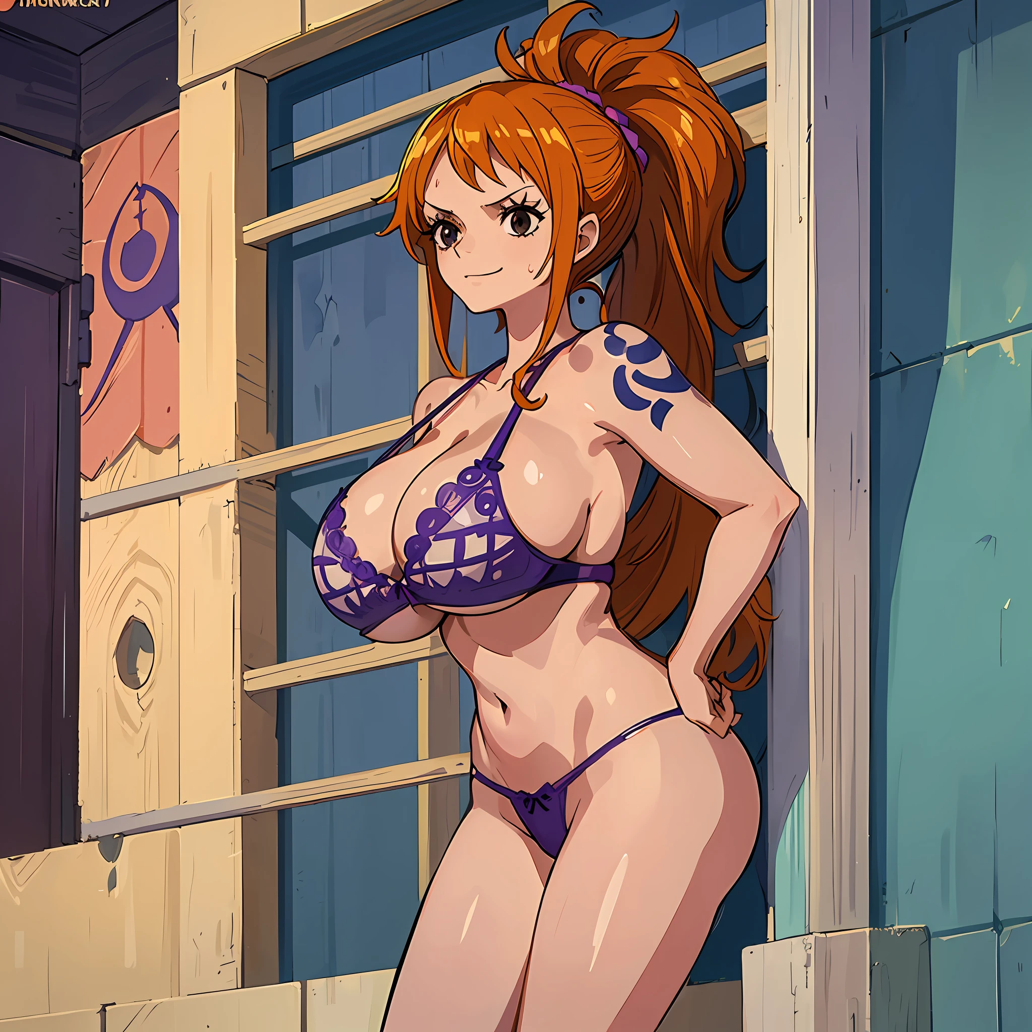 1girl,solo, (nami_8000:0.9), nami \(one piece\), (eye Highlights), nami, ((full body view)), ponytail, brown eyes, shoulder tattoo, from below, v, smile, narrow waist, inskny, ((cleavage)),(masterpiece:1.0), (best quality:1.0), (8k wallpaper:1.0), extremely delicate and beautiful, (beautiful detailed face:1.0), (detailed deep eyes), symmetrical breasts, deep eyes, ((((huge breasts)))), ((screencap)), third-party edit, (sweat), (shiny skin), (wide hips), ((one piece treasure cruise)), anime, (anime screencap), (fog), (glow), groin, (underboob), sideboob, (bathroom), hand on own hip, breasts apart, (purple bra), (purple panties), underwear,