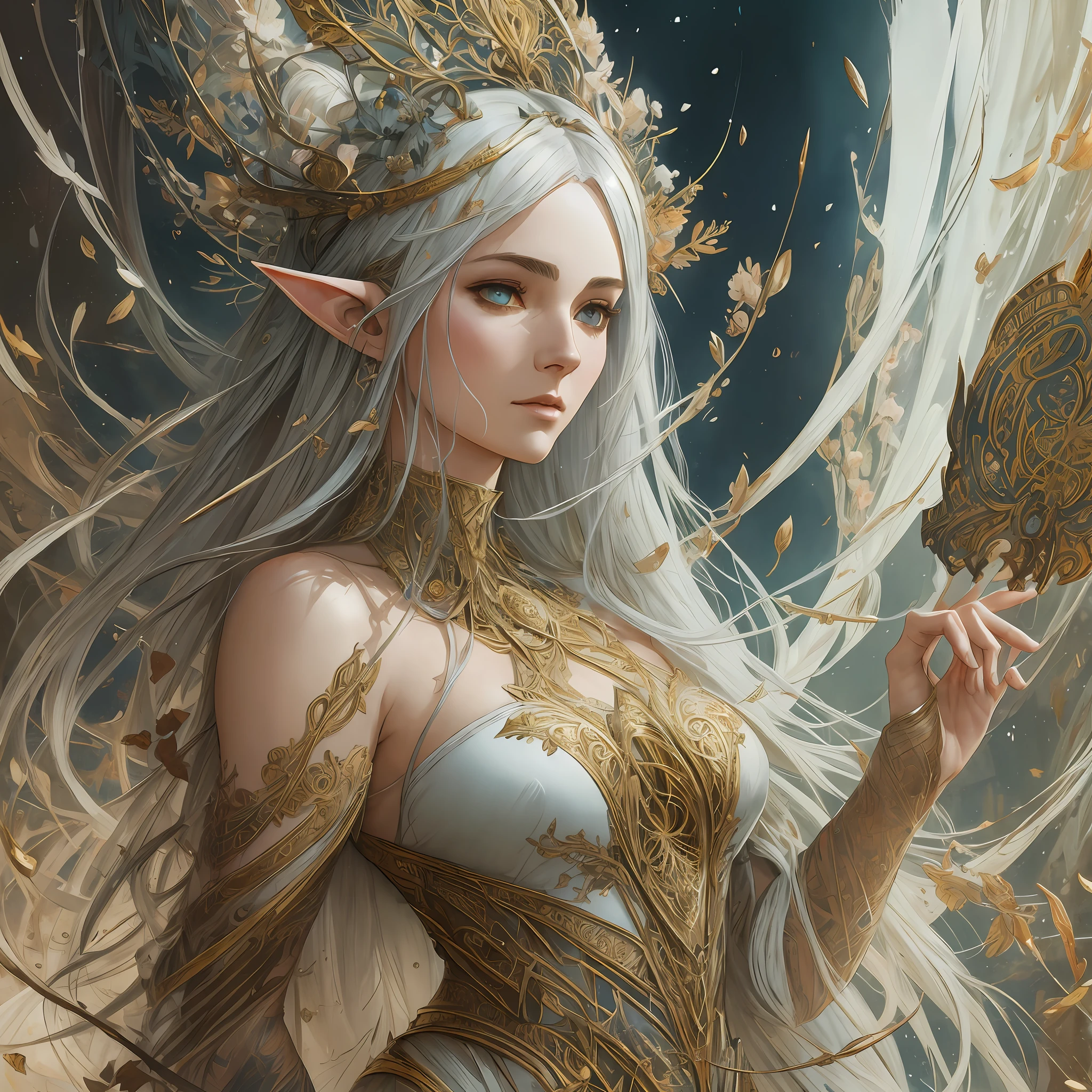 A beautiful full figure painting of perfect female elf woman, shapeless long hair, black hair, white hair, huge mammaries, perfect features, wearing Rococo style dress, art by Carne Griffiths and Wadim Kashin Concept art, ethereal background, abstract beauty, stand, near perfection, pure form, Golden Ratio, minimalism, unfinished, concept art, By Brian Froud and Carne Griffiths and Wadim Kashin and John William Waterhouse, intricate detail, 8k post-production, High resolution, super Detail, art station Trends, sharp focus, studio photos, intricate detail, Very detailed, By Greg Rutkowski --ar 9:16 --auto --s2