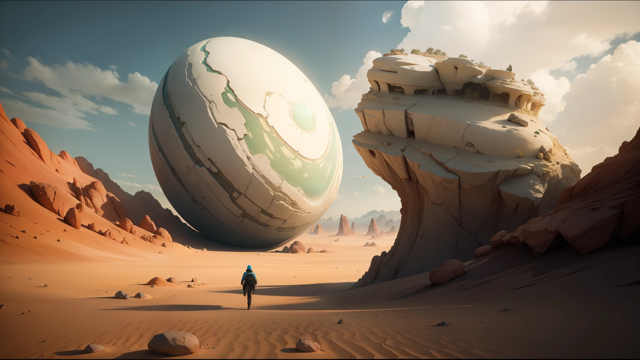 there is a man standing in the desert looking at a huge rock, inspired by Mike Winkelmann, magic frozen ice phoenix egg, from a 2 0 1 9 sci fi 8 k movie, mandy jurgens golden ratio, surreal alien ribbed white fruit, animated movie scene, computer art, panoramic anamorphic, inspired by Moses van Uyttenbroeck, lush alien landscape --auto --s2