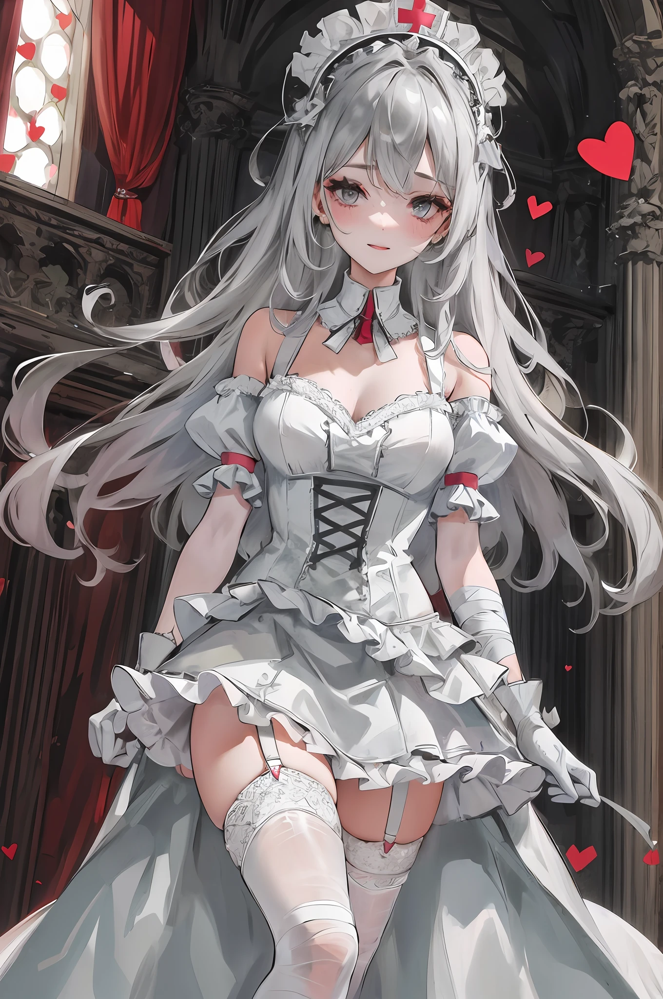 Smile, blush, sick, love in the eyes, blood, lots of dark red love heart decoration, love heart-shaped gemstone edge set with pearls, white collarless dress skirt, unique design collar, layered skirt, asymmetrical design, burnt at the end of the skirt, cutout at the end of the skirt, red Mary Jane shoes, gray and white openwork suspender stockings, nurse's dress style headdress, short skirt, culottes, frills, ruffles, maximalism, exquisite and complex design, white gloves, gothic, wedding dress, blood, bandages, long gray hair, sideburns are two thin braids, Princess cut, extreme detail, delicate depiction, delicate hand depiction, cold color of the eyes,