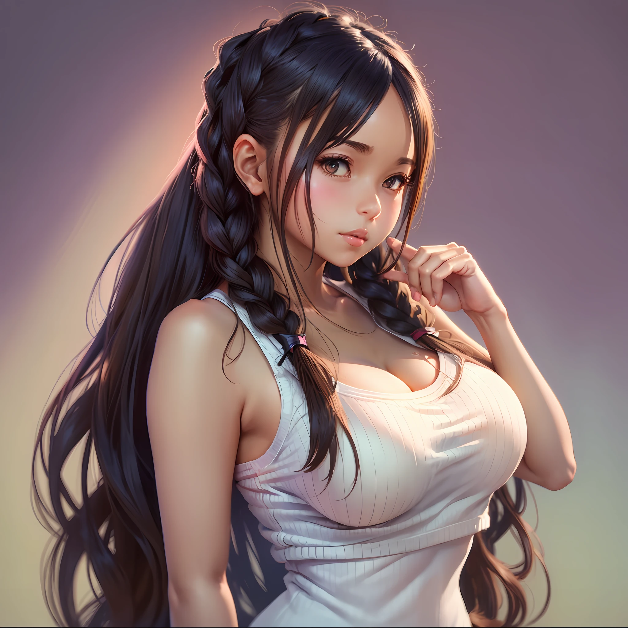 braids, side boob, big breasts, heavy gesture style , flat anime style shading, suggestive looks, seductive anime girl, full body illustration, extra detail, clean detailed anime style, wearing a white tanktop, wearing tanktop, blushing, thick border lines --auto --s2