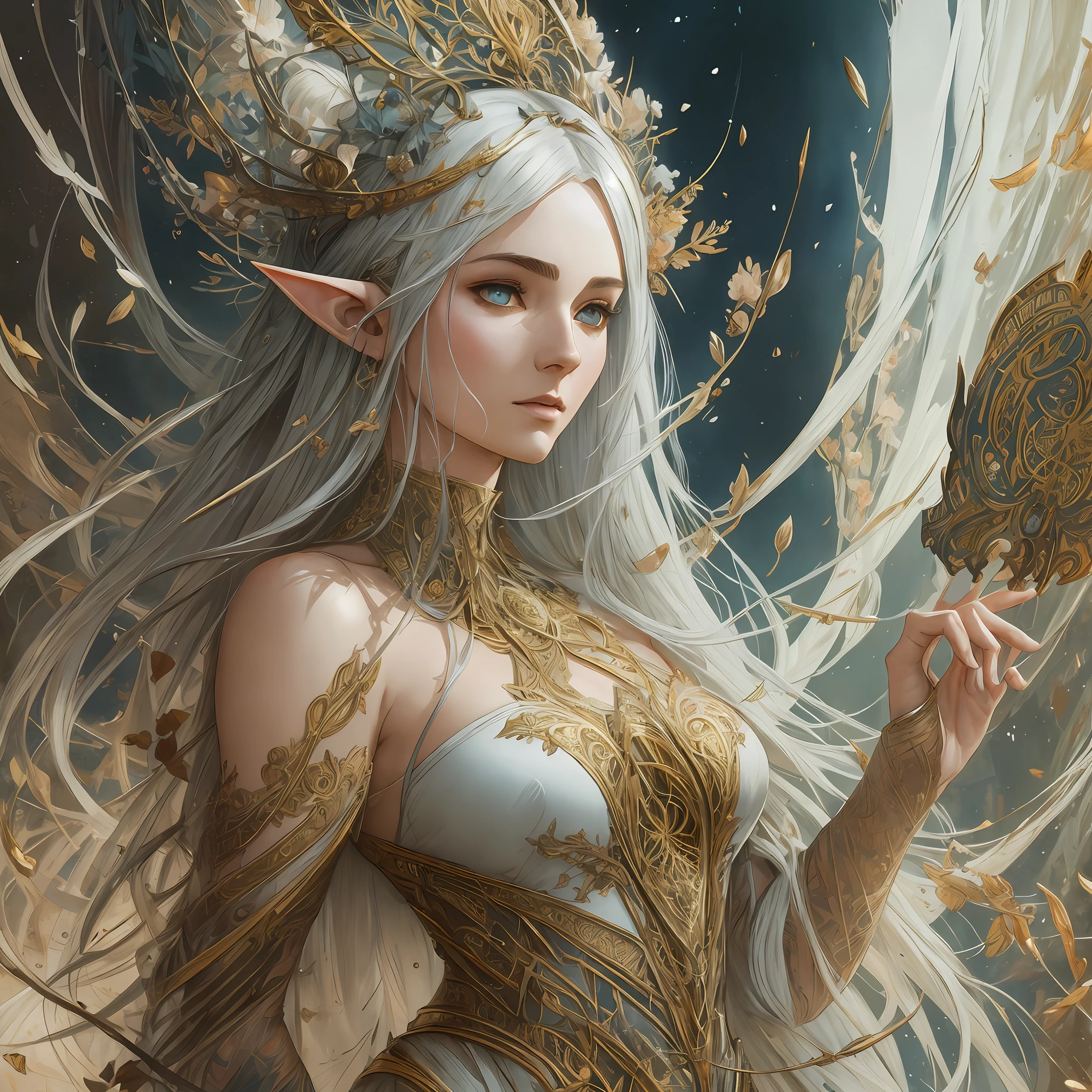 A beautiful full figure painting of perfect female elf woman, shapeless long hair, black hair, white hair, huge mammaries, perfect features, wearing Rococo style dress, art by Carne Griffiths and Wadim Kashin Concept art, ethereal background, abstract beauty, stand, near perfection, pure form, Golden Ratio, minimalism, unfinished, concept art, By Brian Froud and Carne Griffiths and Wadim Kashin and John William Waterhouse, intricate detail, 8k post-production, High resolution, super Detail, art station Trends, sharp focus, studio photos, intricate detail, Very detailed, By Greg Rutkowski --ar 9:16 --auto --s2