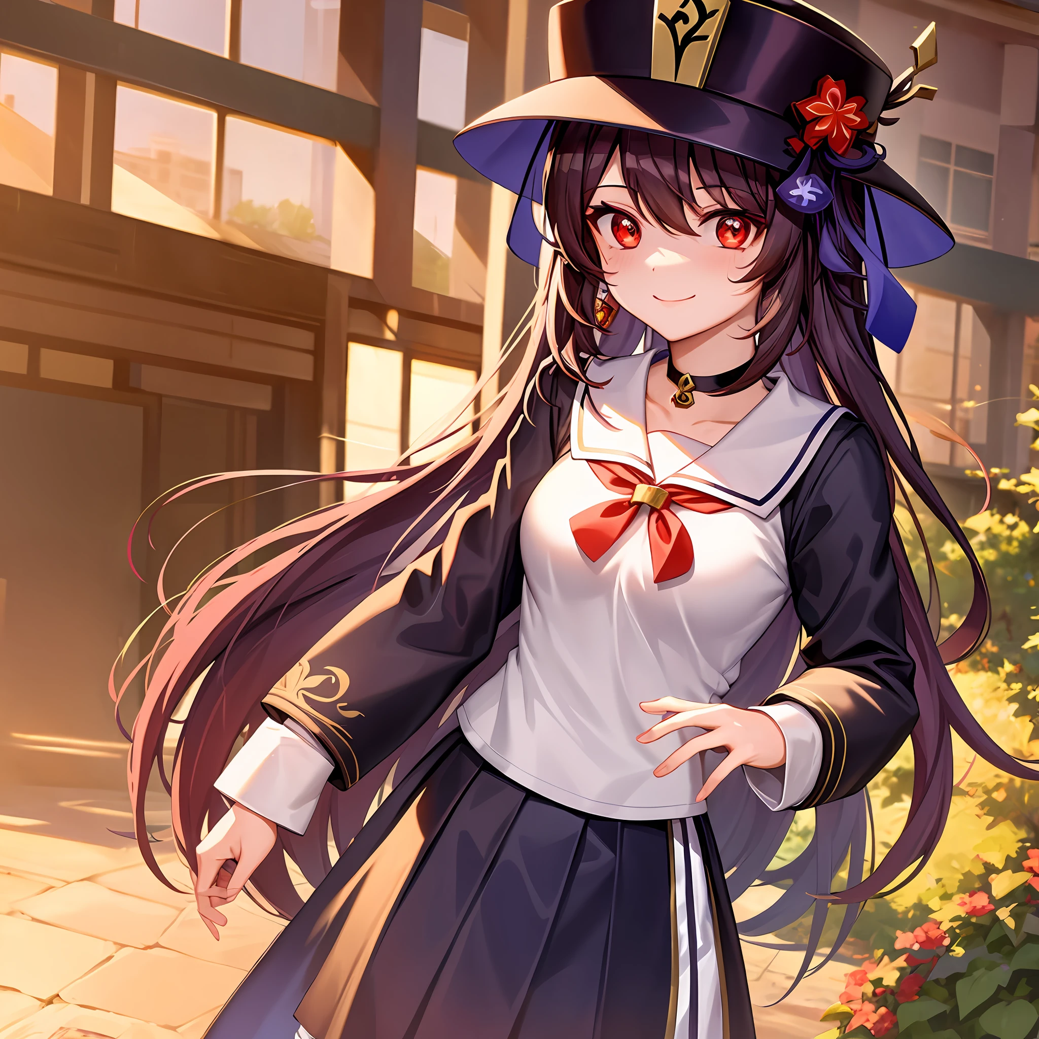 small details, ultra detailed, masterpiece, best quality, beautiful, detailed eyes,
1girl, (hu tao \(genshin impact\):1), choker, hat, red eyes, glowing eyes, medium breasts, earrings, school uniform, shaded face, round face, smile,
school, standing, school buildings,
