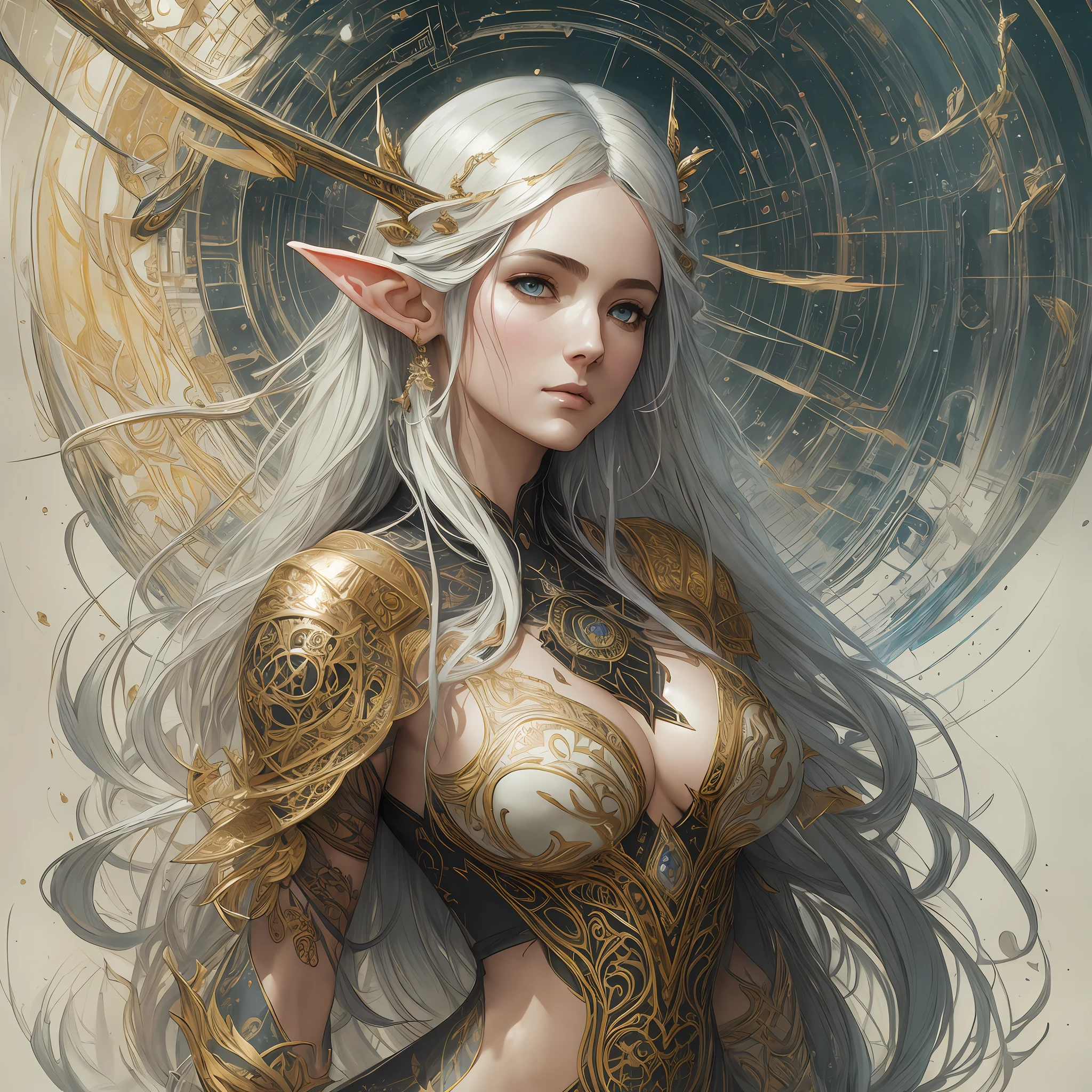 A beautiful full figure painting of perfect female elf woman, shapeless long hair, black hair, white hair, huge mammaries, perfect features, wearing Rococo style dress, art by Carne Griffiths and Wadim Kashin Concept art, ethereal background, abstract beauty, stand, near perfection, pure form, Golden Ratio, minimalism, unfinished, concept art, By Brian Froud and Carne Griffiths and Wadim Kashin and John William Waterhouse, intricate detail, 8k post-production, High resolution, super Detail, art station Trends, sharp focus, studio photos, intricate detail, Very detailed, By Greg Rutkowski --ar 9:16 --auto --s2