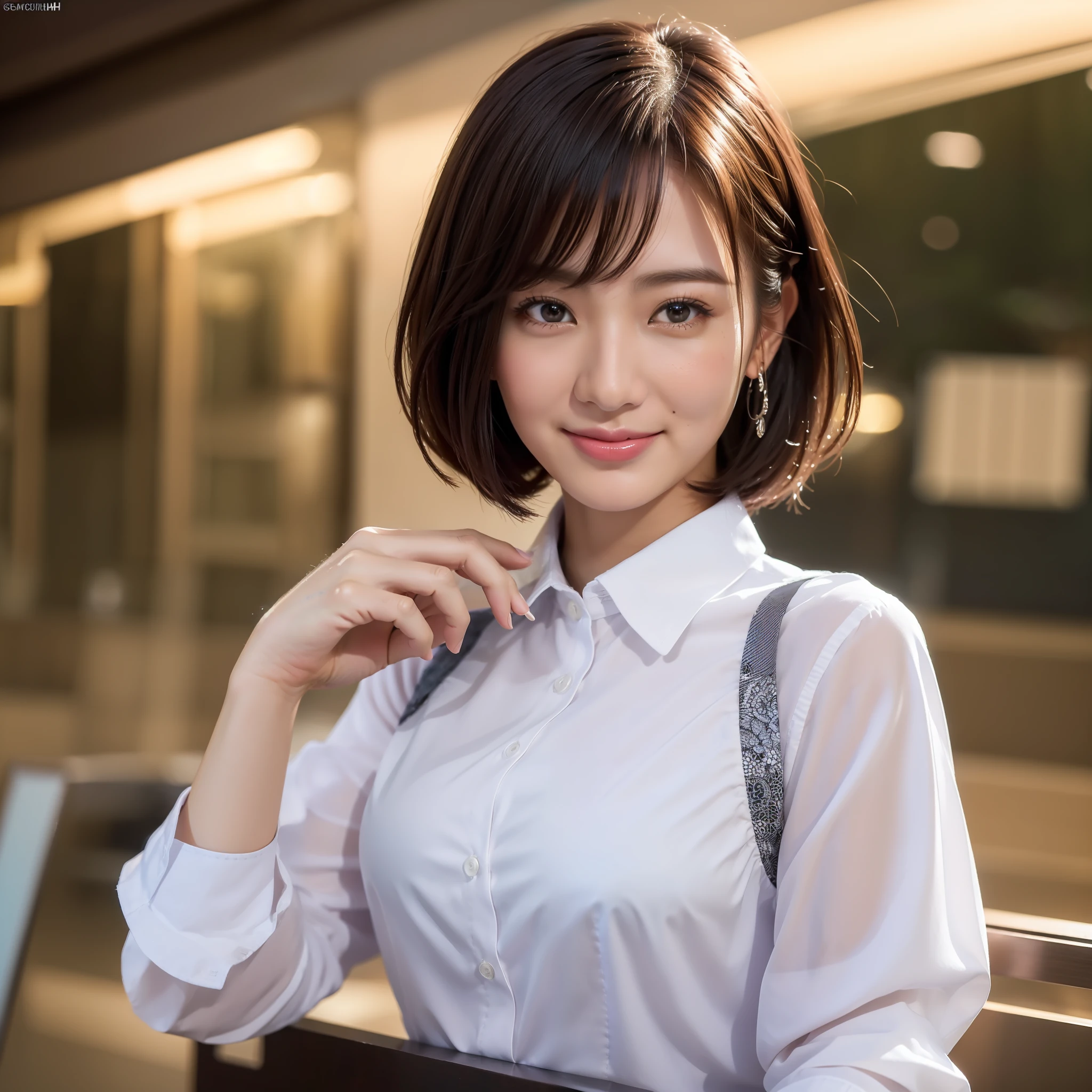 (64K,UHD,
 best quality, masterpiece:1.2), (realistic, photo-realistic:1.37), ultra-detailed, 1 girl, cute, solo, beautiful detailed sky, detailed cafe, night, sitting, dating, (nose blush), (smile:1.15), (closed mouth) small breasts, beautiful detailed eyes, (collared shirt:1.1), night, wet, business attire, rain, white lace, (short hair:1.2), floating hair NovaFrogStyle, topless,