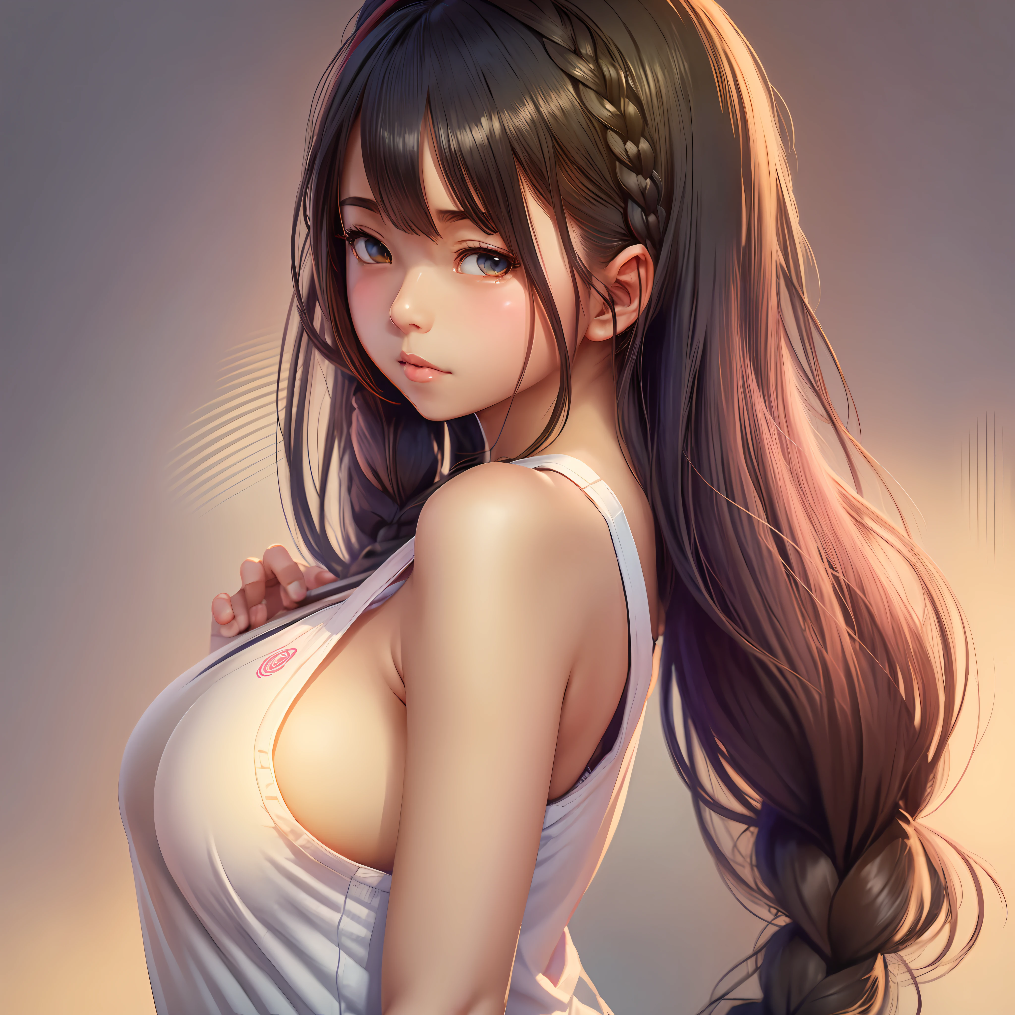 braids, side boob, big breasts, heavy gesture style , flat anime style shading, suggestive looks, seductive anime girl, full body illustration, extra detail, clean detailed anime style, wearing a white tanktop, wearing tanktop, blushing, thick border lines --auto --s2