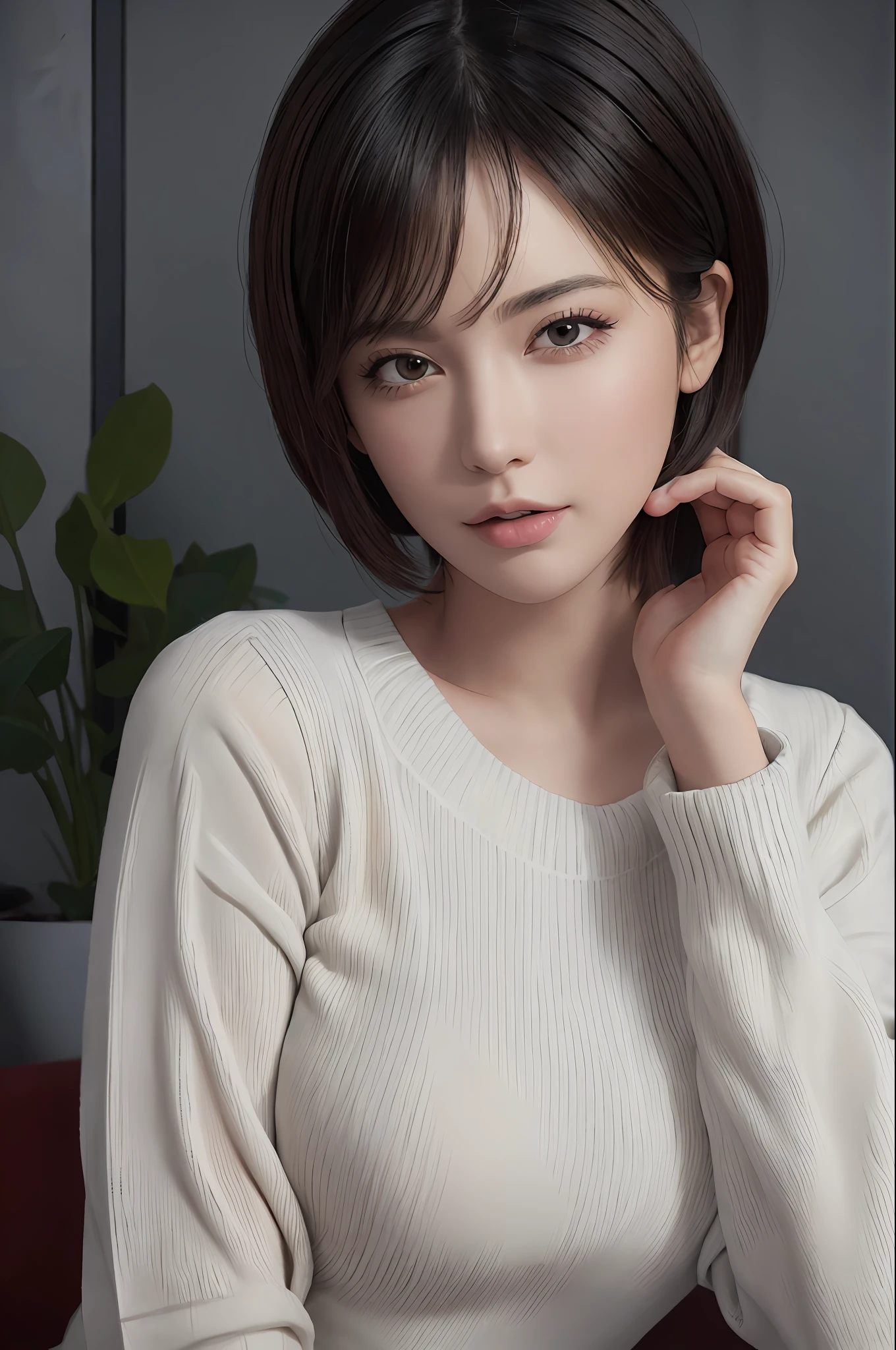 (Masterpiece: 1.3), (8k, Photorealistic, RAW Photo, Best Quality: 1.4), (1girl), Beautiful Face, (Realistic Face), (Black Hair, Short Hair: 1.3), Beautiful Hairstyle, Realistic Eyes, Beautiful Detail Eyes, (Realistic Skin), Middle Chest, Beautiful Skin, (White Sweater), Absurd, Attractive, Ultra High Definition, Ultra Realistic, High Definition, Golden Ratio