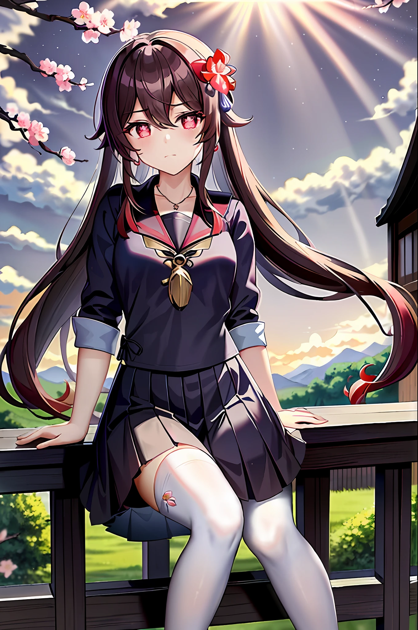 (((masterpiece))),bestquality,illustration,hutao\(genshin\), 1girl,full body, standing, (red eyes), (plum blossom shaped eyes), (beautifuldetailedeyes),cute face, aqua eyes, looking at viewer,expressionless eyes, crying with eyes open, tears,sad, frown, closed mouth, navy blue serafuku, pleated_skirt, white thighhighs, uwabaki, earrings, necklace, sitting, dusk, sunset, sky, cityscape, landscape, beautiful detailed sky,