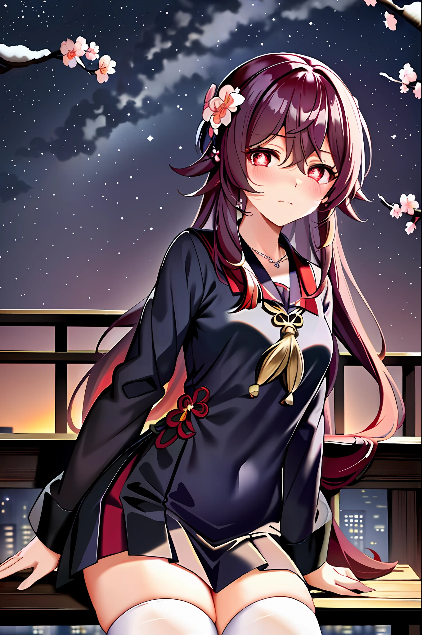 (((masterpiece))),bestquality,illustration,hutao\(genshin\), 1girl,full body, standing, (red eyes), (plum blossom shaped eyes), (beautifuldetailedeyes),cute face, aqua eyes, looking at viewer,expressionless eyes, crying with eyes open, tears,sad, frown, closed mouth, navy blue serafuku, pleated_skirt, white thighhighs, uwabaki, earrings, necklace, sitting, dusk, sunset, sky, cityscape, landscape, beautiful detailed sky,