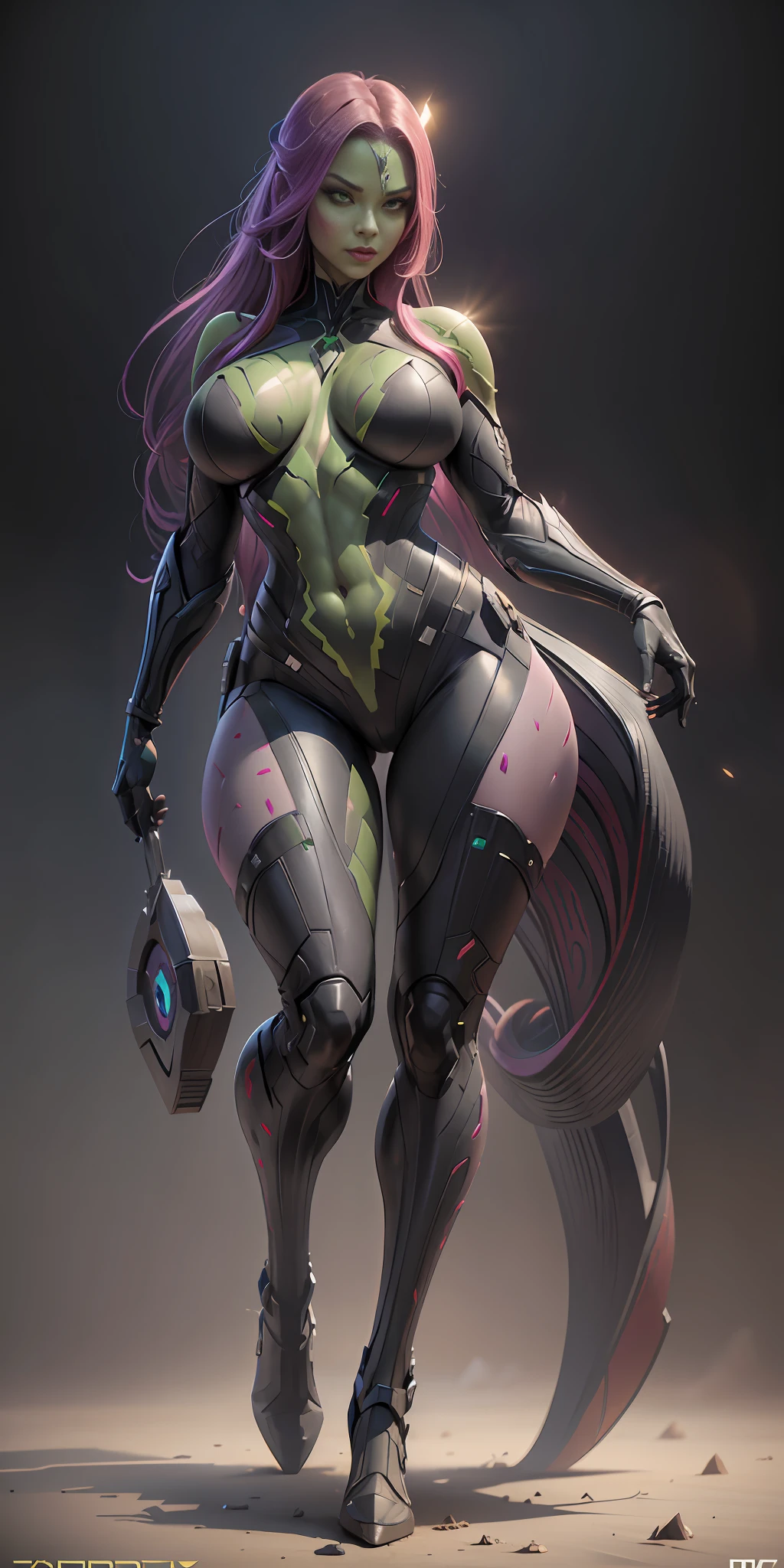 Gamora from Marvel, big breasts, frontal, full-length, looking at the camera, facing the audience, standing pose, simple background, three-dimensional light, detailed full-body concept, sleek digital concept art, beautiful full-body concept art, art trend, full-length CGsociety,