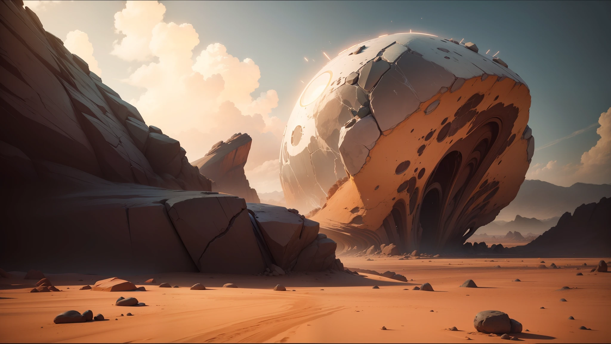 there is a large rock in the middle of a desert, ash thorp, rendered in the unreal engine, inspired by Otto Pilny, amazing splashscreen artwork, # sci - fi, from netflix's arcane, anime land of the lustrous, still from a music video, charli bowater and artgeem, siggraph, by Kieran Yanner, octane 8 --auto --s2