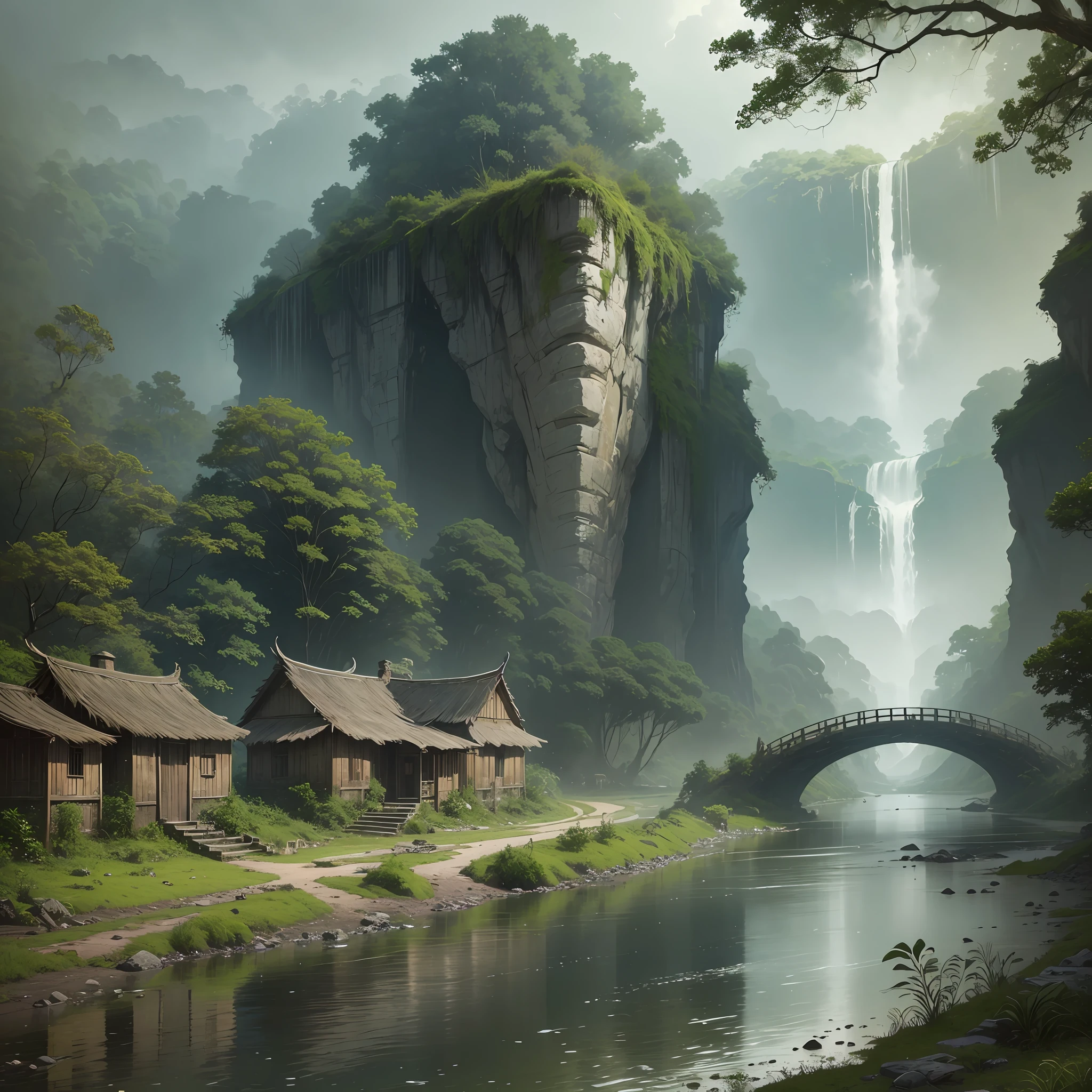 A river meanders through a dense prehistoric forest as rain falls incessantly. On the banks of the river, an ancestral city emerges, with rudimentary buildings and inhabitants dressed in animal skins. In the lush vegetation of the forest, a majestic sucuri glides silently, its imposing presence adding a touch of mystery to the scenery. --auto --s2