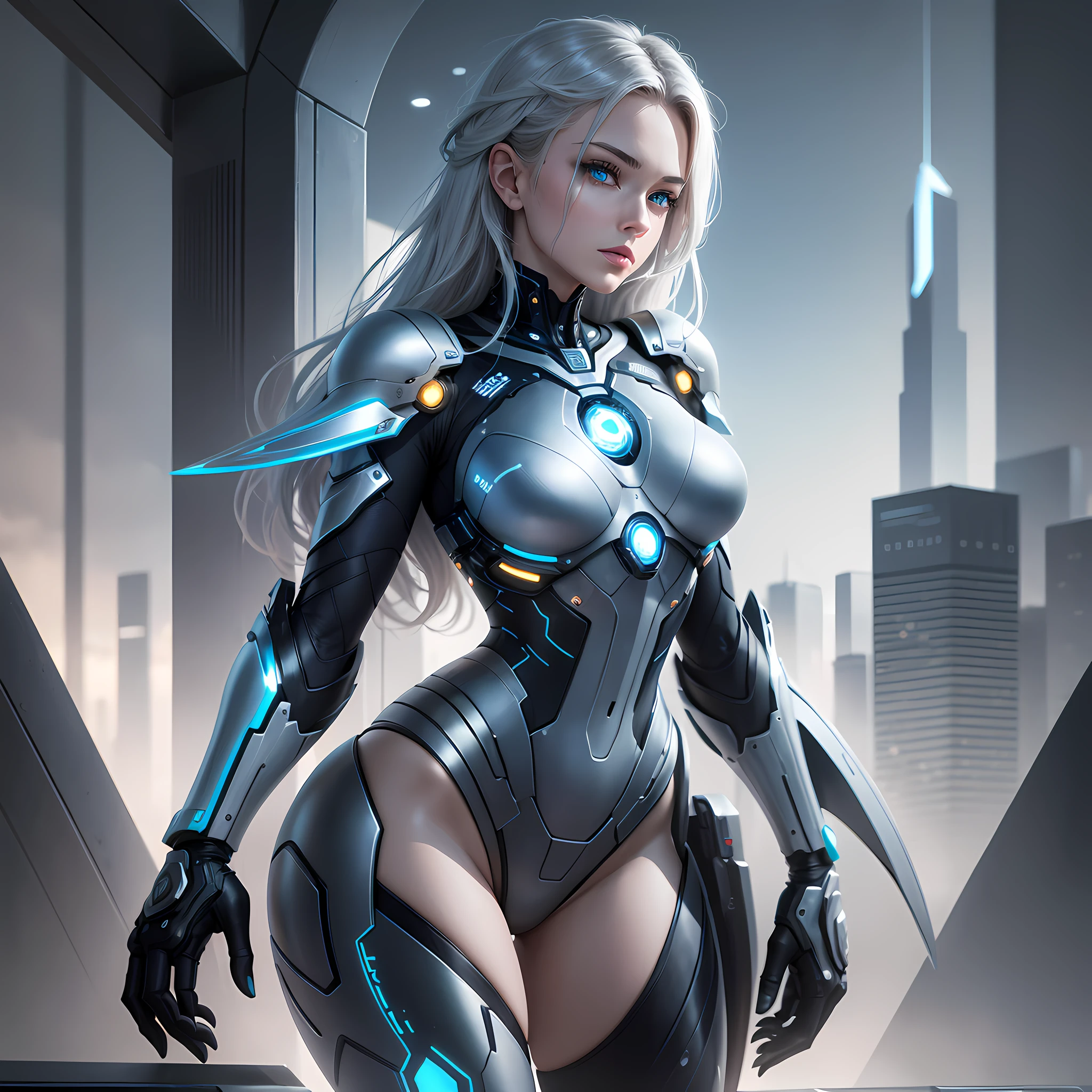 Create an ultra-realistic image depicting a young cyborg holding the Apple symbol. The cyborg must possess stunning blue eyes, robotic arms and legs, and a beautiful, defined body. The Apple symbol should be represented in a metallic blue. The cyborg's face should convey serenity. Create a background with a futuristic aesthetic that complements the composition. The image should capture the harmonious fusion between technology and beauty, evoking a sense of innovation and elegance. --auto --s2