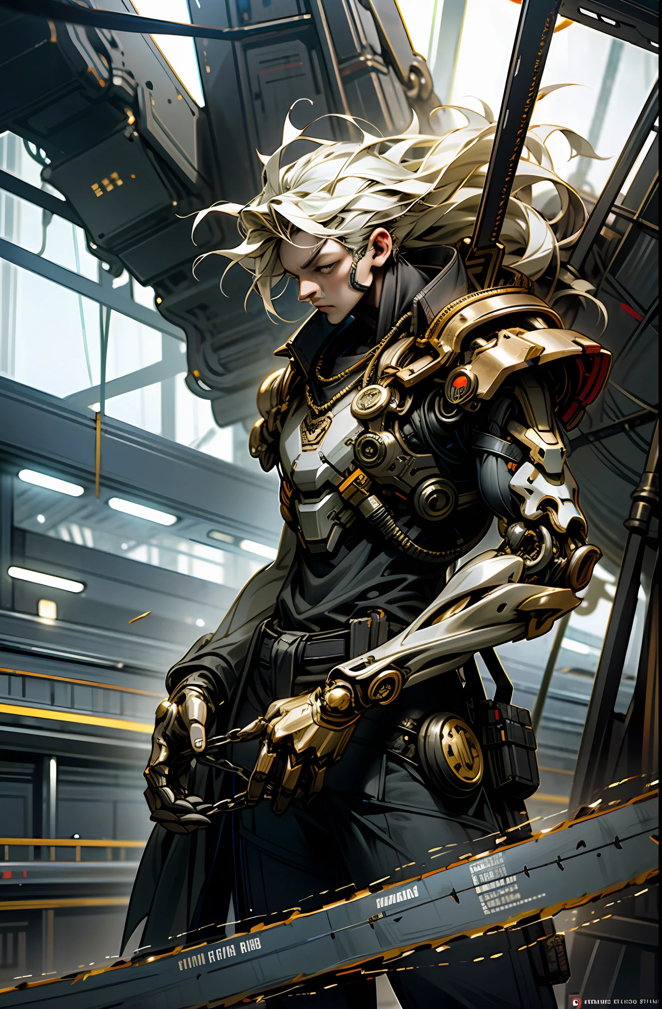 Dark_Fantasy, Cyberpunk, (chain saw, chain saw man, gold: 1.1), 1man, Mechanical marvel, Robotic presence, Cybernetic guardian, glare simulation, burning simulation, battlefield simulation, debris splash simulation, motion shot,