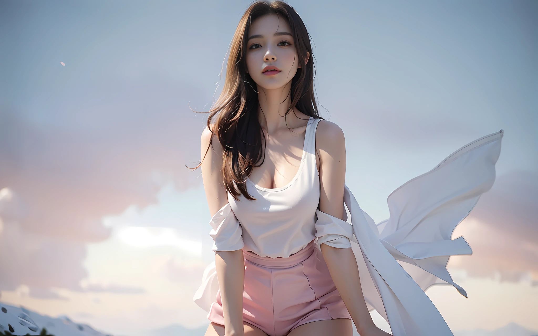 Best Quality, Masterpiece, High Resolution, Physically Based Rendering, (Realistic, Realistic: 1.37), (NSFW: 1.5), 1 Girl, Open Short Vest, Beautiful Face, Brunette Hair, Looking at the Audience, Shy, Smiling, Big Eyes, Beautiful Face, Body, Thighs Apart, Small, Chest with White Liquid, Exposed Pink, Realism, White Studio Interior, Pure White Background, Edge Lighting, Two-tone Lighting, (High Detail Skin: 1.2), 8k UHD, High quality, Volumetric lighting, photo, high resolution 4K, 8K, blurred background