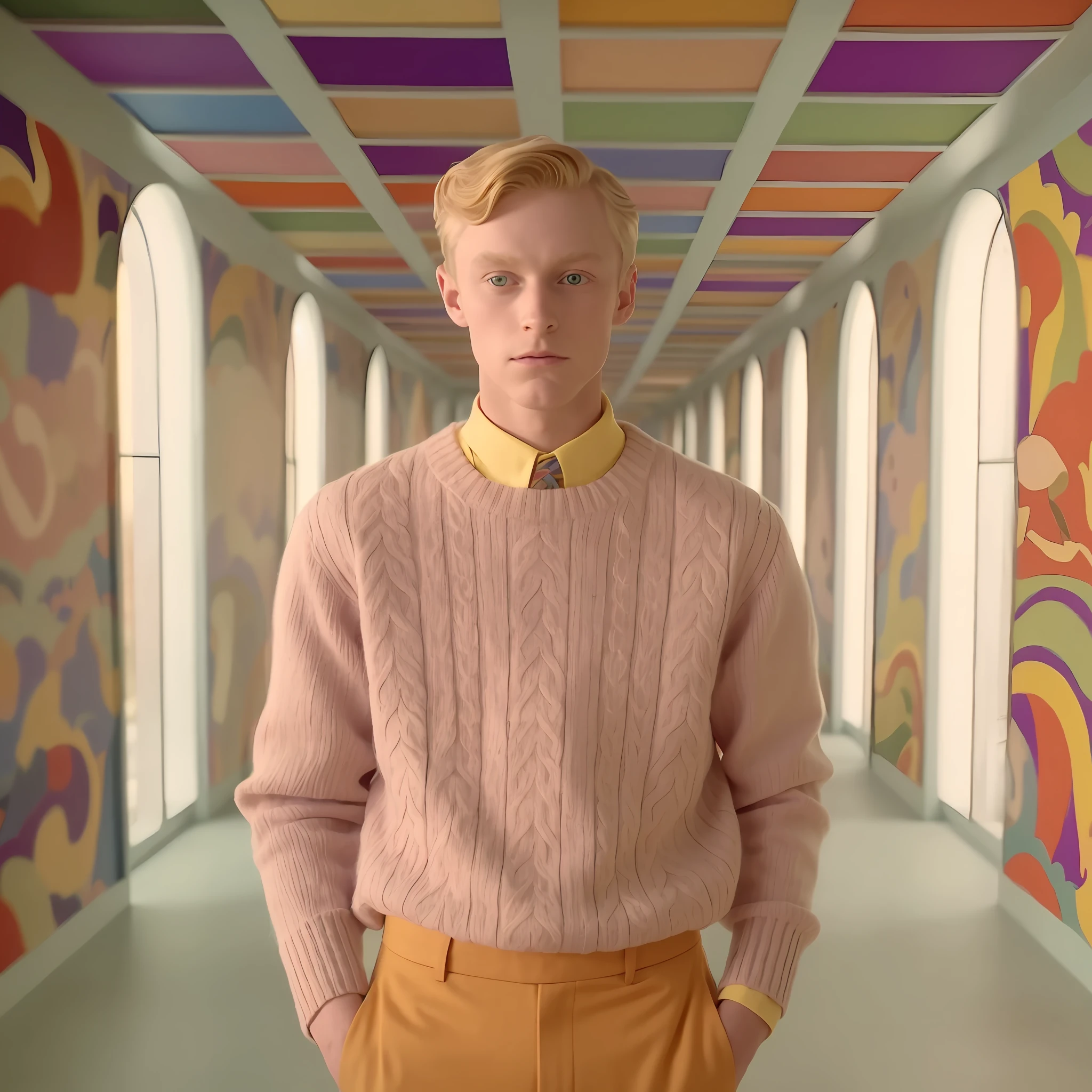 **1990 screengrab of Butters Stotch wearing a pastel-colored cashmere sweater with an intricate intarsia pattern, paired with tailored trousers in a contrasting shade, fashion movie scene, Gucci commercial**
