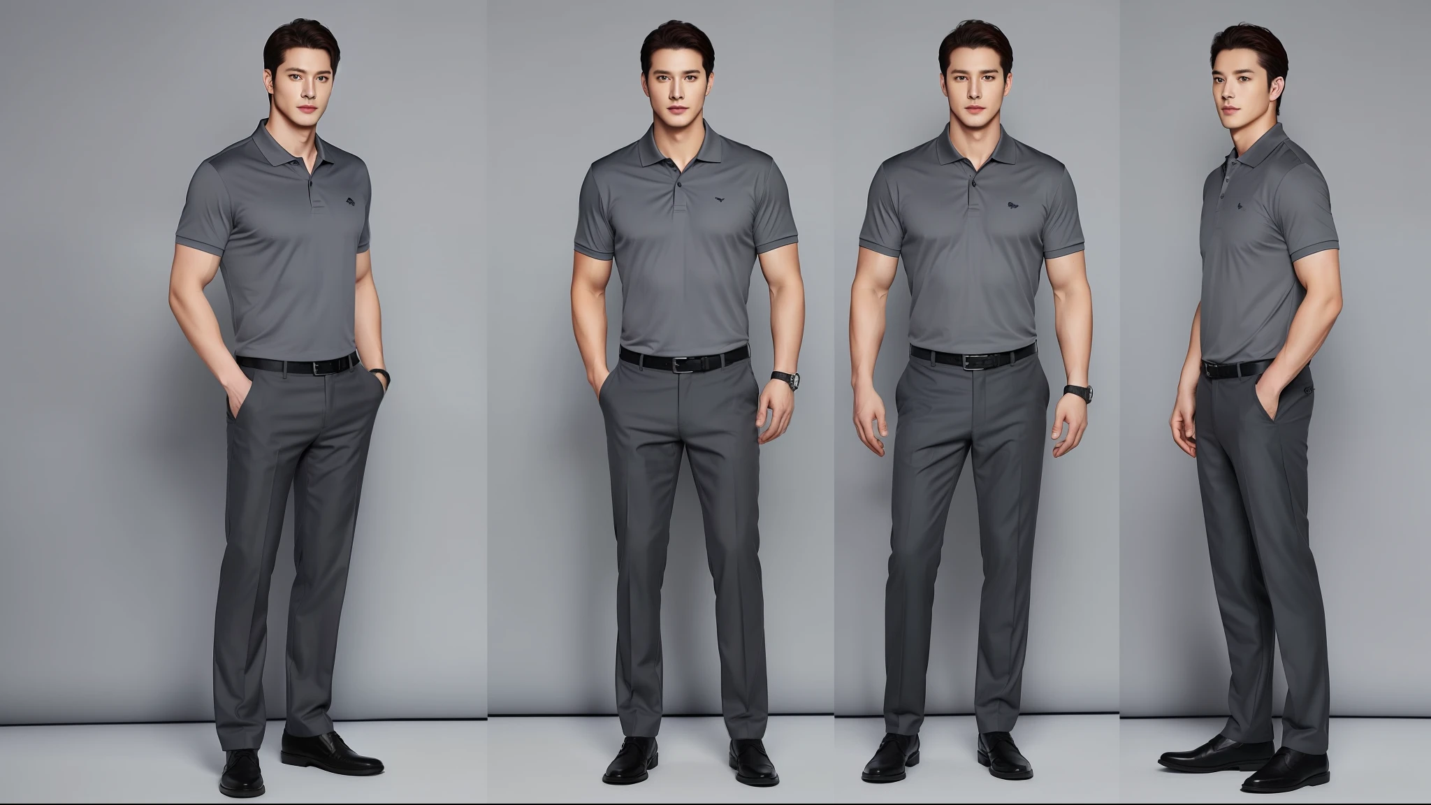 "Dark gray polo shirt with trousers." Full body photo of men
