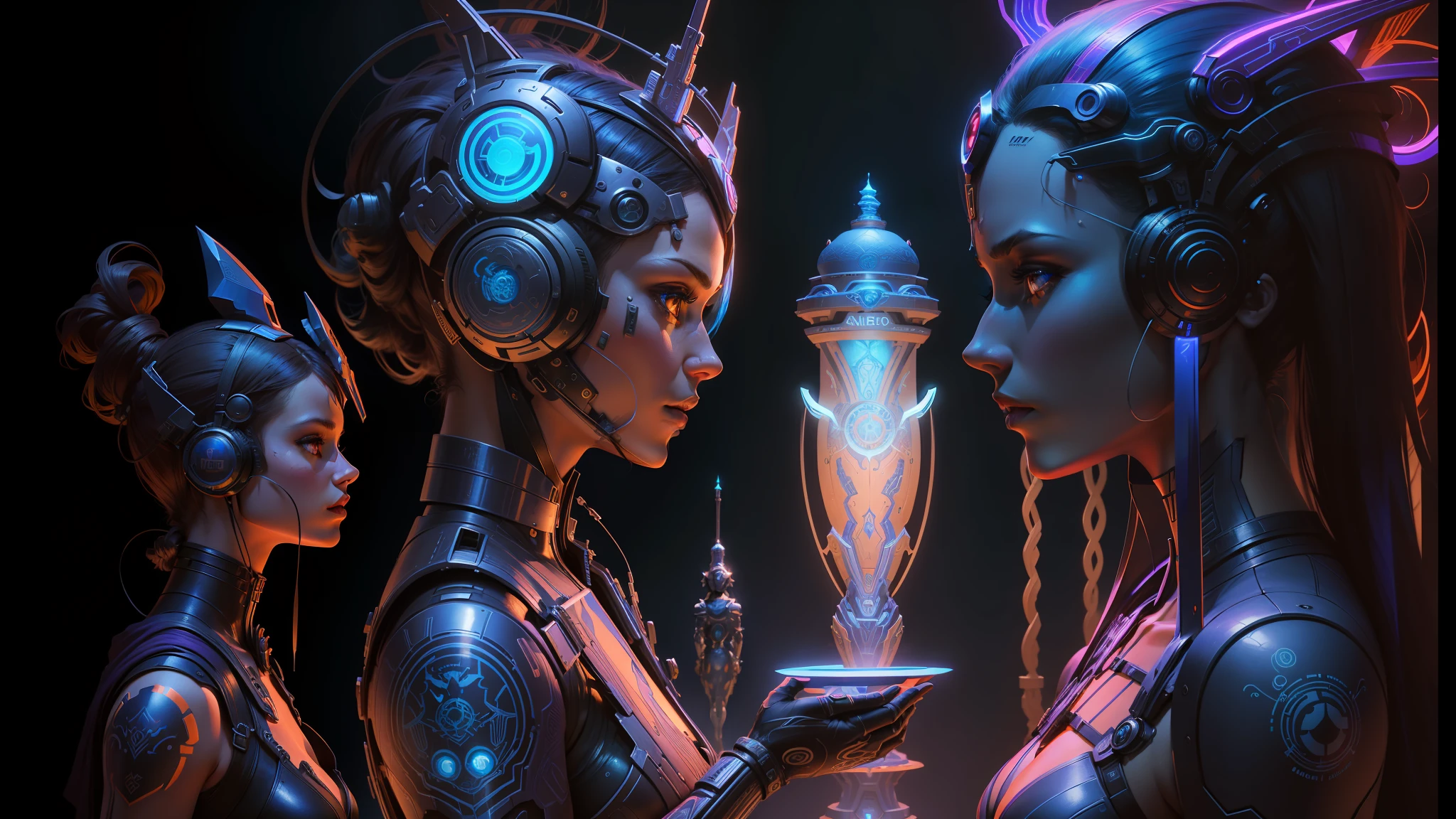 there are two women that are standing next to each other, inspired by Android Jones, mark brooks detailed, blue neon lighting, the mekanik doll, inspired by Greg Hildebrandt, award - winning 4 k photograph, concept art 8 k resolution, by Jason A. Engle, affinity photo, cybertronic hindu temple --auto --s2