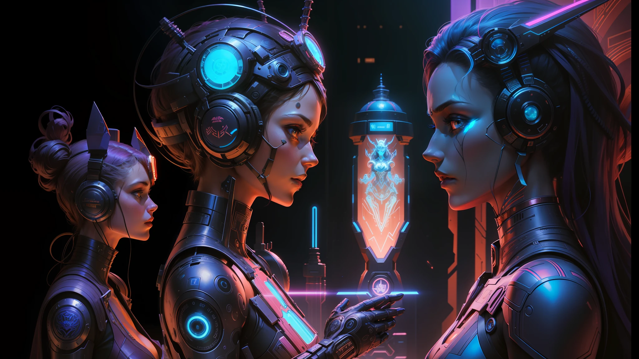 there are two women that are standing next to each other, inspired by Android Jones, mark brooks detailed, blue neon lighting, the mekanik doll, inspired by Greg Hildebrandt, award - winning 4 k photograph, concept art 8 k resolution, by Jason A. Engle, affinity photo, cybertronic hindu temple --auto --s2
