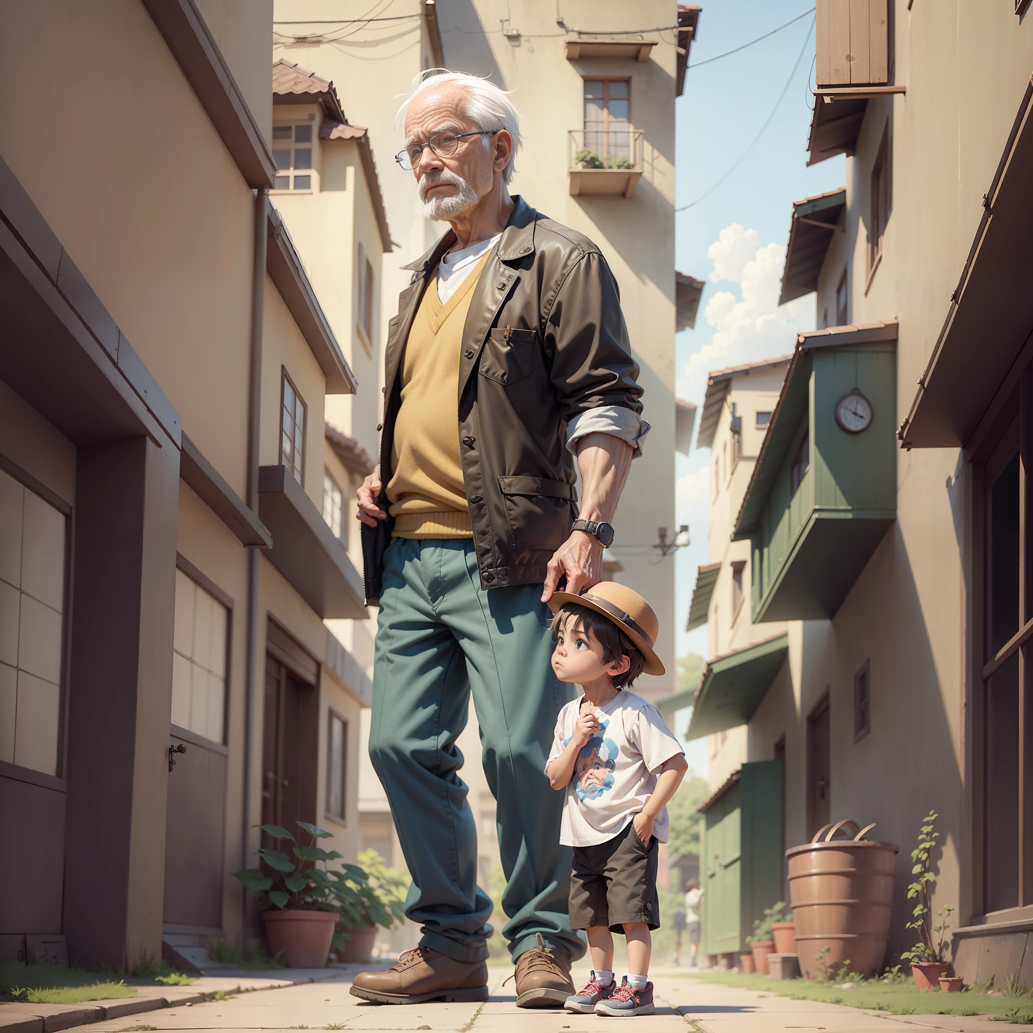 (Old man looking at a little boy in orphanage), orphanage in the background, clear HD, 8K resolution, very detailed, digital painting, concept art, Shinkai Makoto style, pop popularization trend, pop, pop trend, pop trend on pixiv.