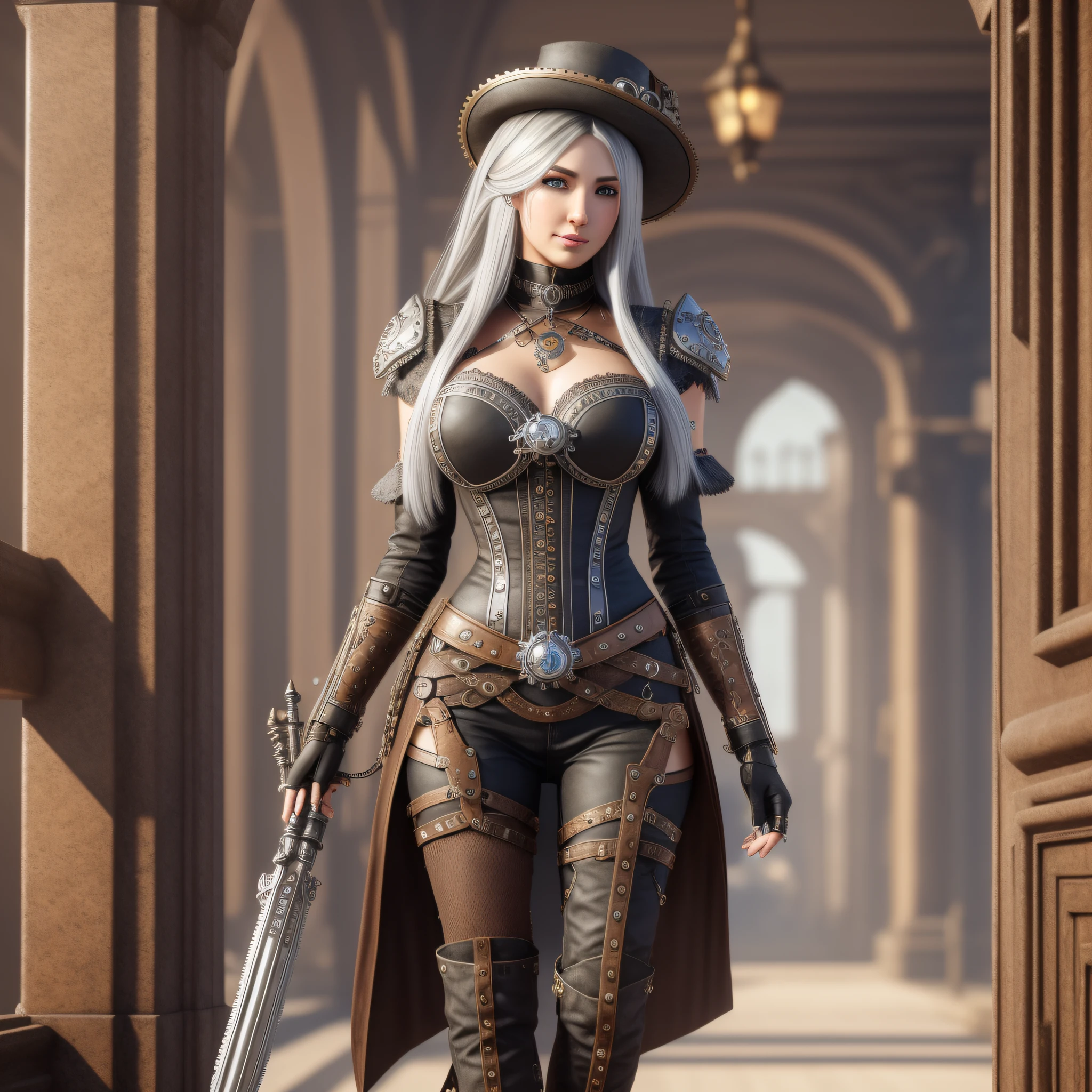Very beautiful Steampunk lady, long silver hair, steampunk outfit and weapon, hyperrealism, photorealistic, 8k, unreal engine --ar 9:16 --niji 5 --style expressive --s 400