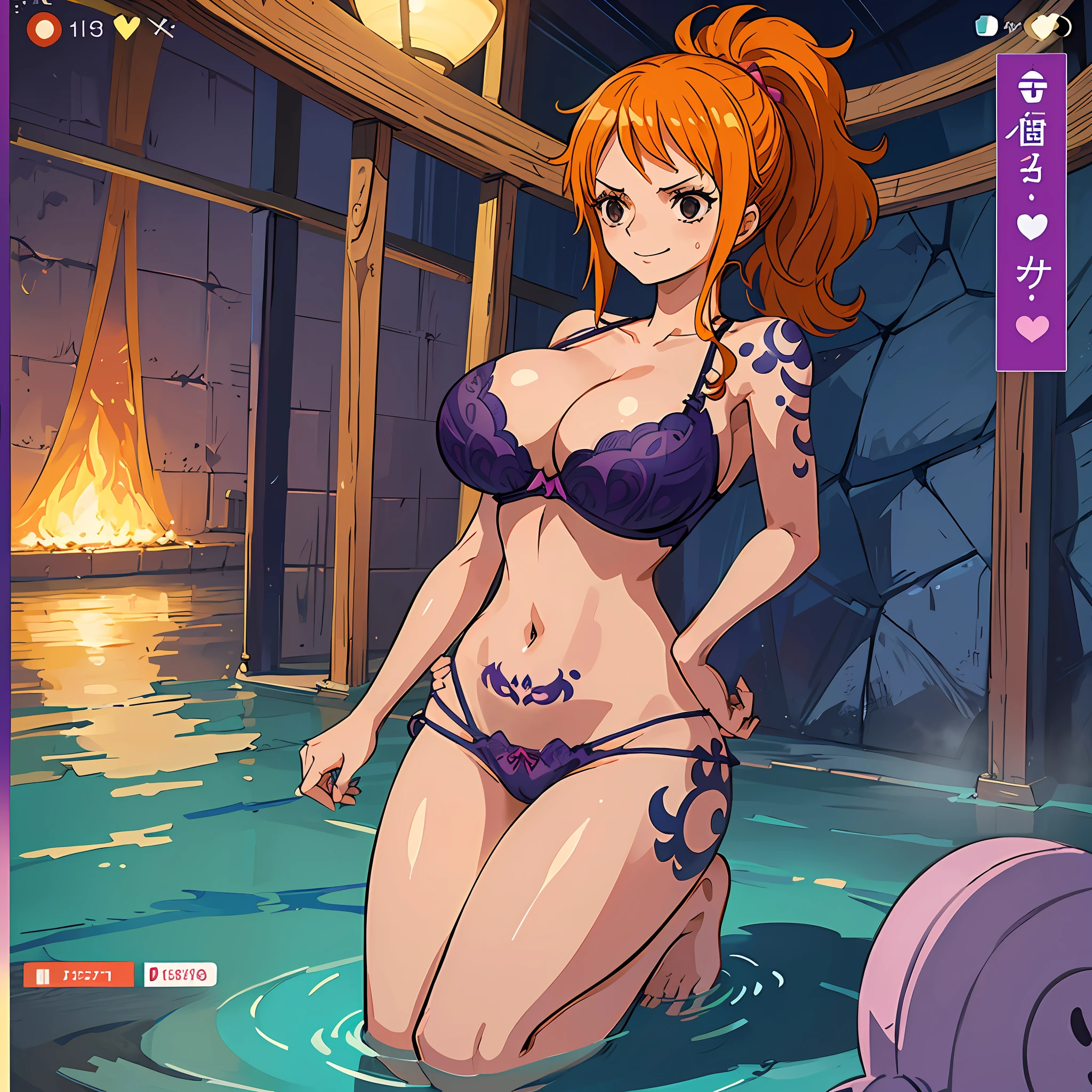 1girl,solo, (nami_8000:0.9), nami \(one piece\), (eye Highlights), nami, ((full body view)), ponytail, brown eyes, shoulder tattoo, from below, v, smile, narrow waist, inskny, ((cleavage)),(masterpiece:1.0), (best quality:1.0), (8k wallpaper:1.0), extremely delicate and beautiful, (beautiful detailed face:1.0), (detailed deep eyes), symmetrical , deep eyes, (((()))), ((screencap)), third-party edit, (sweat), (shiny skin), ((wide )), ((one piece treasure cruise)), anime, (anime screencap), (fog), (glow), groin, sideboob, (bathroom), hand on own hip,  apart, (purple bra), (purple panties), , plump, barefoot,
