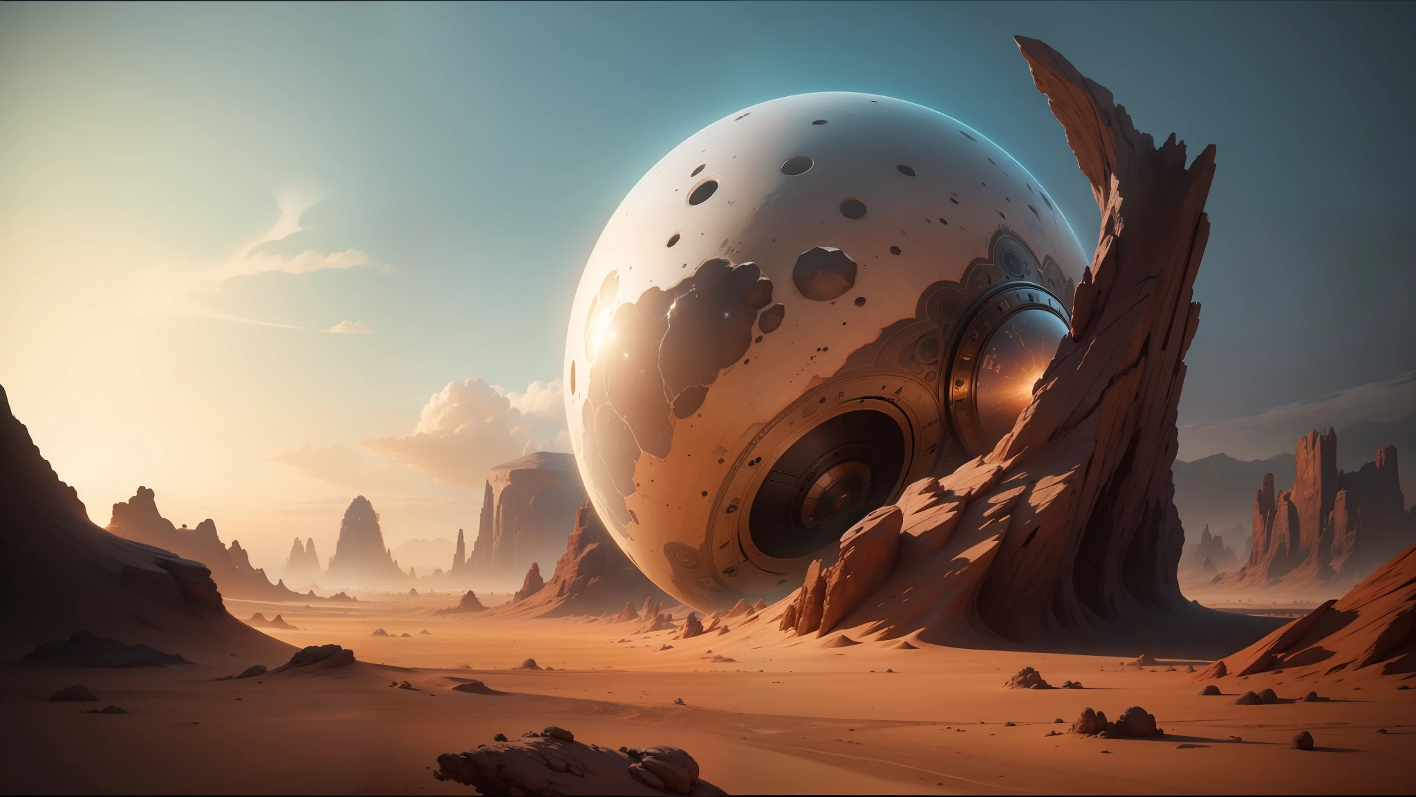 there is a large silver object in the middle of a desert, psytrance artwork, cinematic still in adam | unity, the orb of dreams, inspired by Noah Bradley, realistic landscape, concept art-h 640, outer worlds, by Julian Allen, procedural, cracked earth --auto --s2
