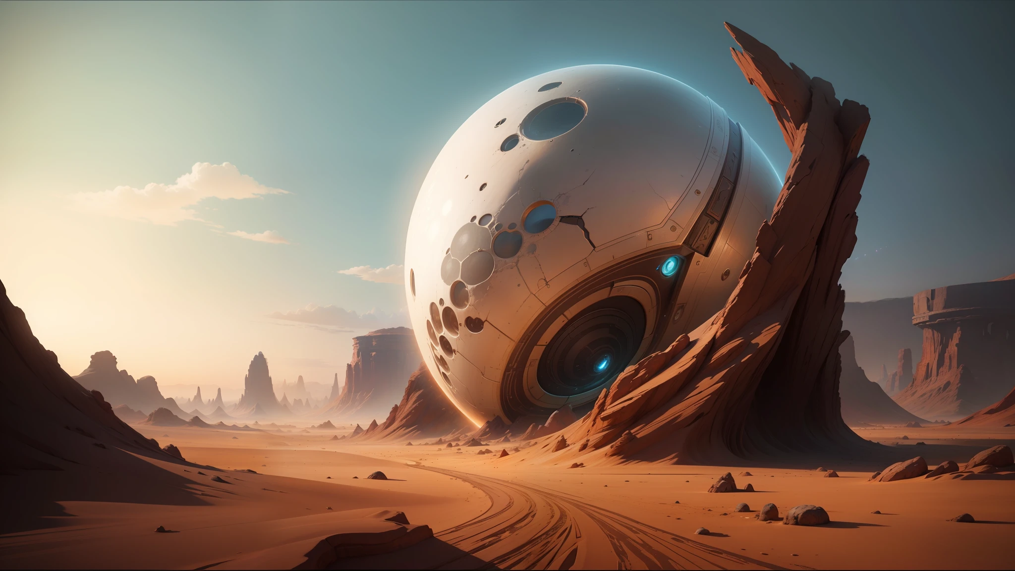 there is a large silver object in the middle of a desert, psytrance artwork, cinematic still in adam | unity, the orb of dreams, inspired by Noah Bradley, realistic landscape, concept art-h 640, outer worlds, by Julian Allen, procedural, cracked earth --auto --s2