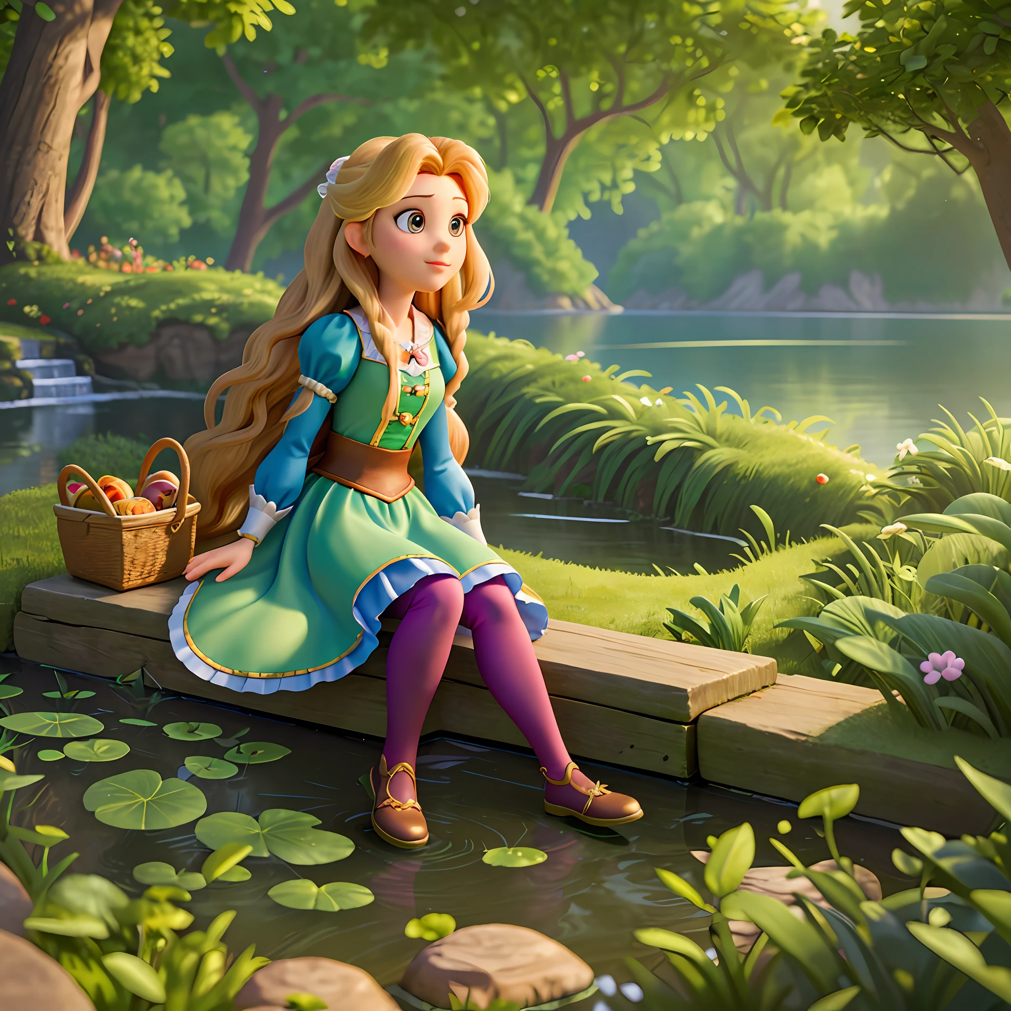 Masterpiece, best quality, (8k very detailed CG unit wallpaper) (best quality), (best illustration), (best shadows), Ultra realistic, high definition, very detailed, Disney princess Rapunzel is sitting near a lake having a picnic