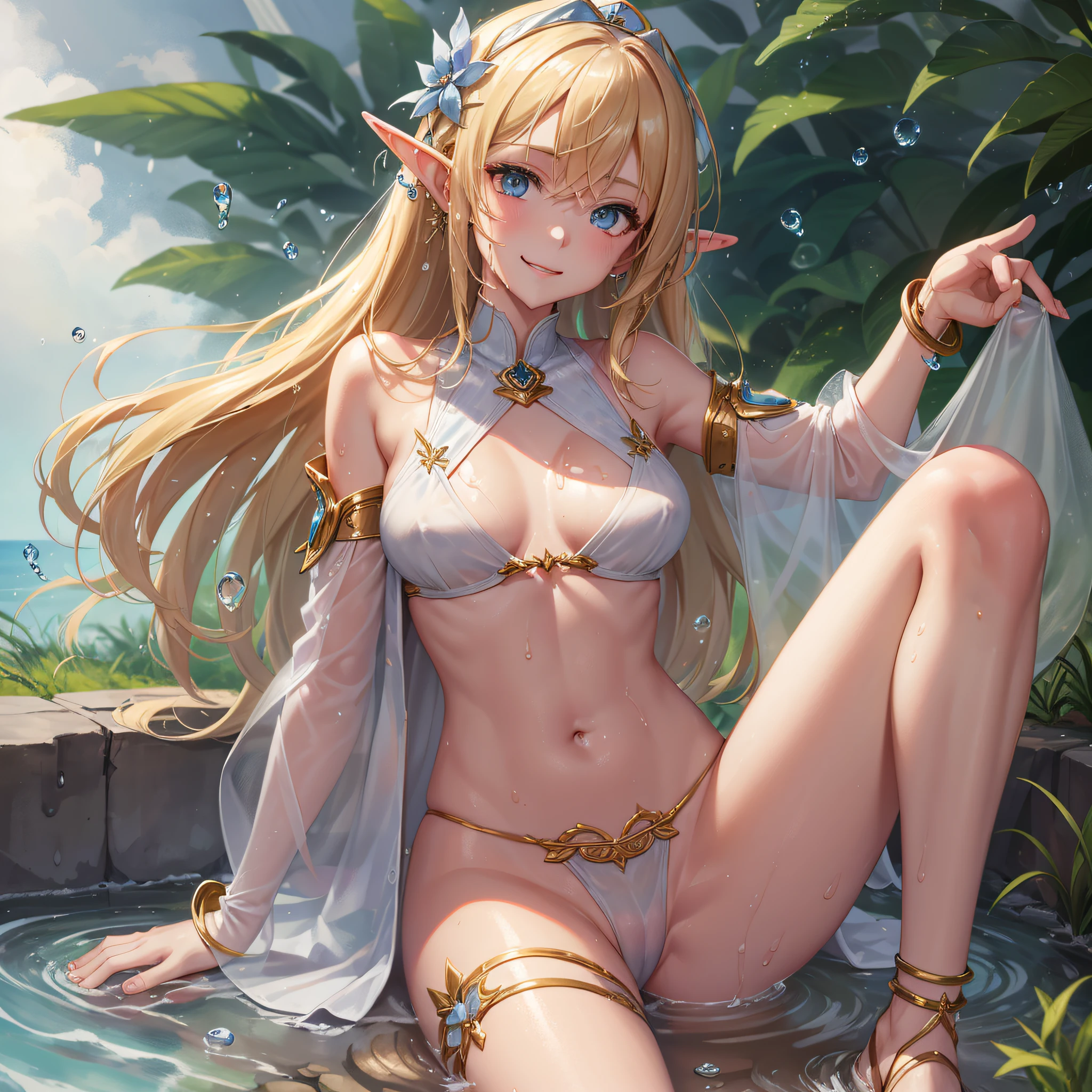 2D illustration, anime style, beautiful girl, elf, , blonde, blue eyes, hair ornament, smiling, dancing, chest open, all white ultra-thin fabric, see-through ancient style robe, (without panties)), (the tip of the chest is raised and protruding)), (the entire chest is showing through), floating hem, collar, bangle, anklet, sandal, ((Close-up of the person, low angle , crotch up, exposed closed crotch, crotch water droplets)), wet body, wet clothing, ancient ruins eroded by vegetation, waterside, light on the surface of the water, wind blowing, ambient occlusion, halation