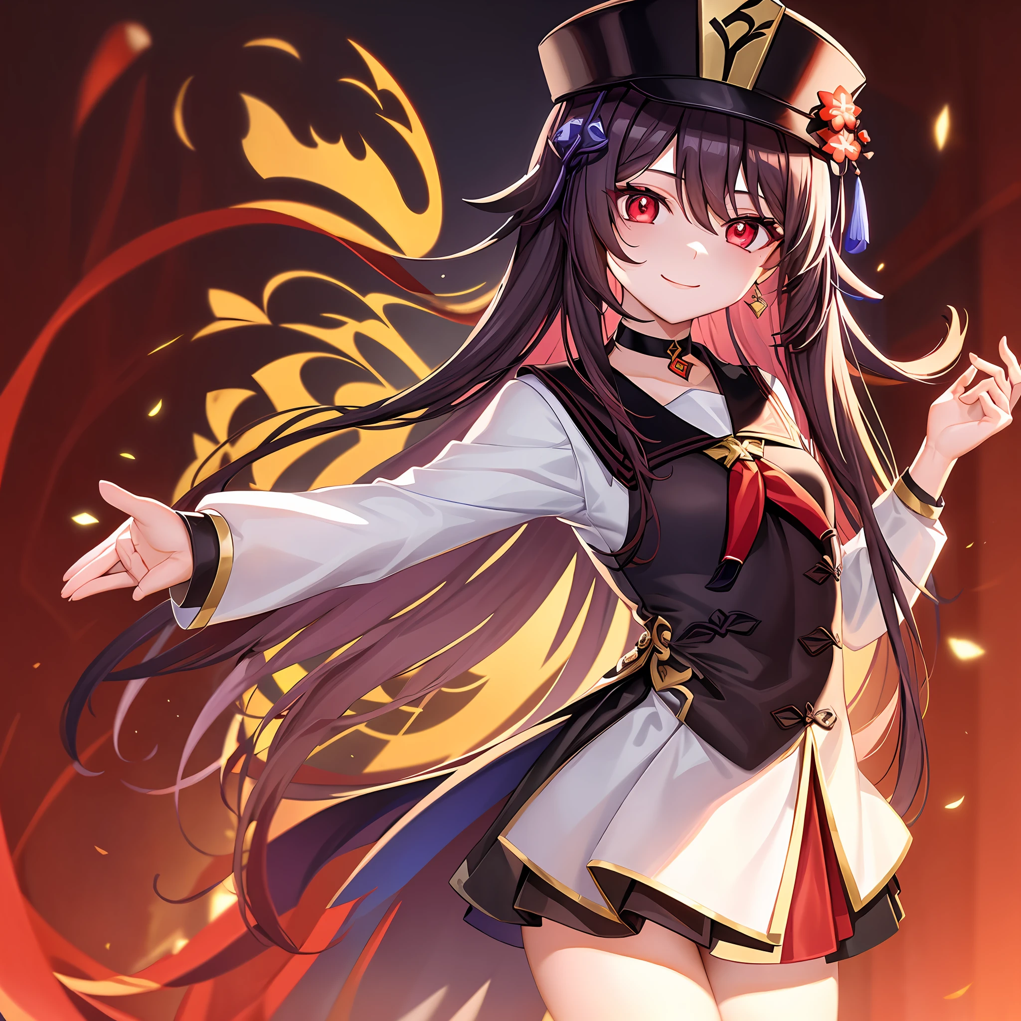 small details, ultra detailed, masterpiece, best quality, beautiful, detailed eyes,
1girl, (hu tao \(genshin impact\):1), choker, hat, red eyes, glowing eyes, medium breasts, earrings, school uniform, shaded face, round face, smile,
school, standing, school buildings,