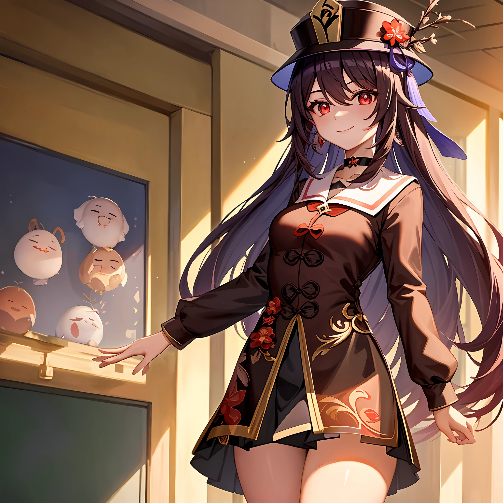 small details, ultra detailed, masterpiece, best quality, beautiful, detailed eyes,
1girl, (hu tao \(genshin impact\):1), choker, hat, red eyes, glowing eyes, medium breasts, earrings, school uniform, shaded face, round face, smile,
school, standing, school buildings,
