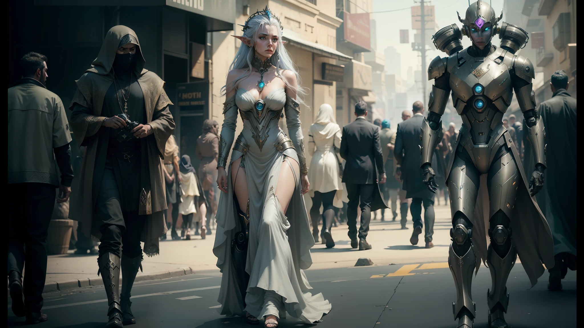 several people dressed in costumes walking down a street, cyberpunk robotic elvish queen, cinematic effects vfx, kaladesh, filmstill, “ femme on a galactic shore, roaming the colony, organic and robotic, concept image, gangsta robot --auto --s2