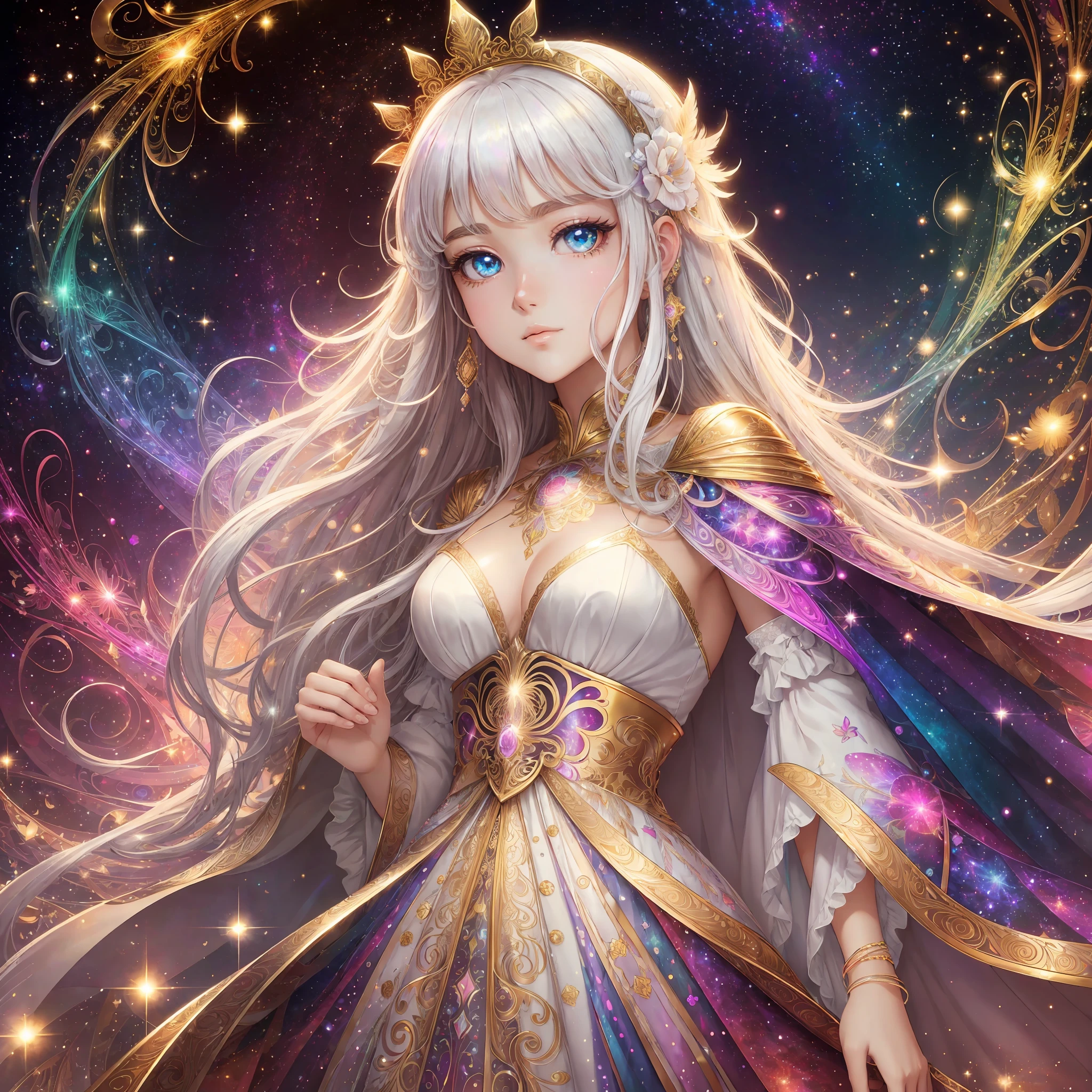 high resolution, best quality, masterpiece, very high image quality, ultra-detailed, hyperrealistic, 3d, anime, illustrations, fantasy, solo, very Beautiful woman with gentle seductive calm face, white medium hair, high layer cut, mullet hair style, sparkling gold big eyes, perfect proportions, full body, feather robe, thin gold line embroidery, background kaleidoscope galaxy rainbow colors of light, neon color light, neon color many thin lines --auto --s2