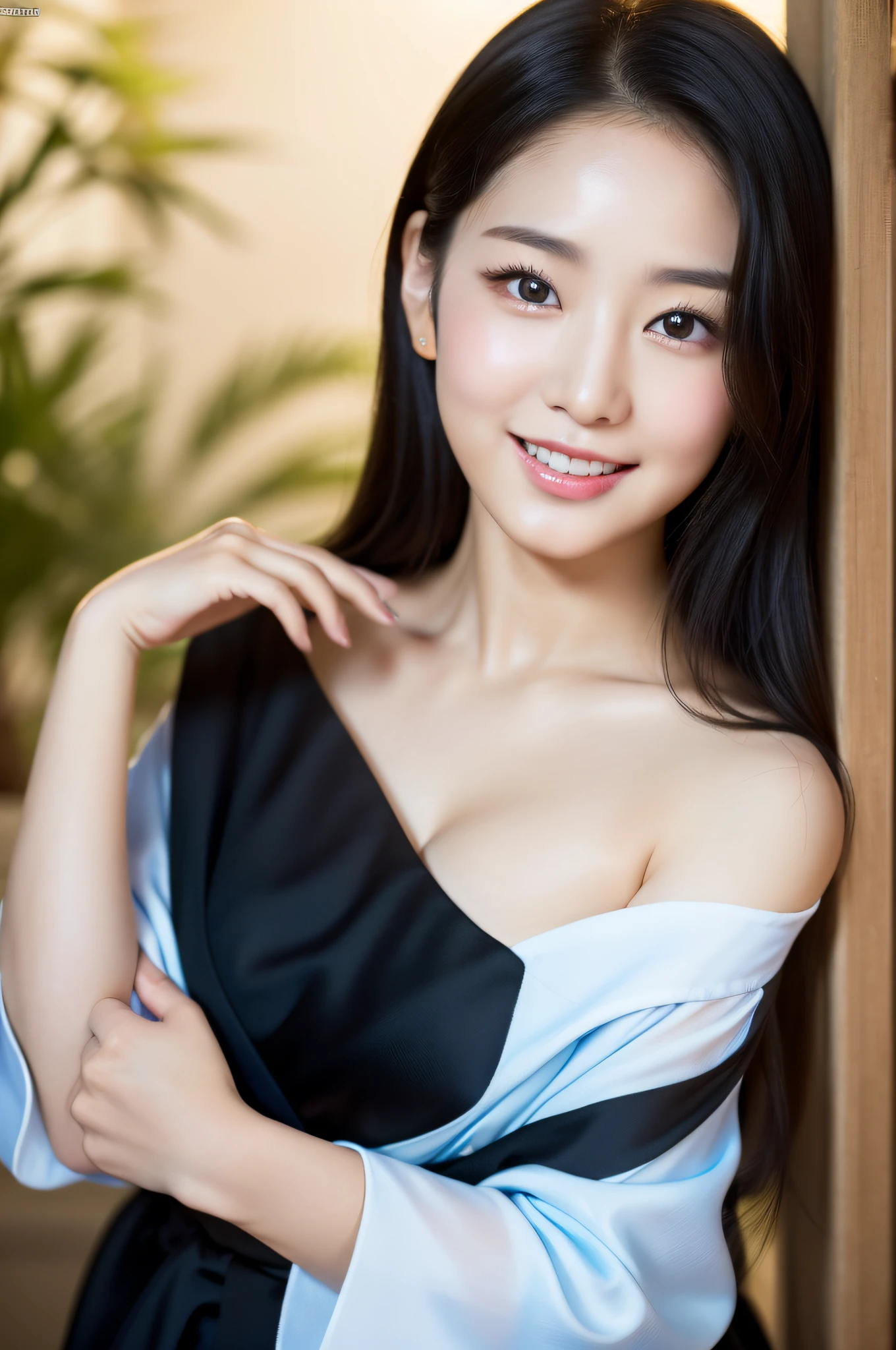 ((Top Quality, 8K, Masterpiece: 1.3)), Sharp Focus: 1.2, (Korean Cute Actress No.1), Realistic Pictures (Shiny Skin), Realistic Photos, Black Hair, Wearing yukata, Realistic Pupils, Movie Lighting, Highly Detailed Eyes and Face, Movie Lighting, Cleavage, Smile