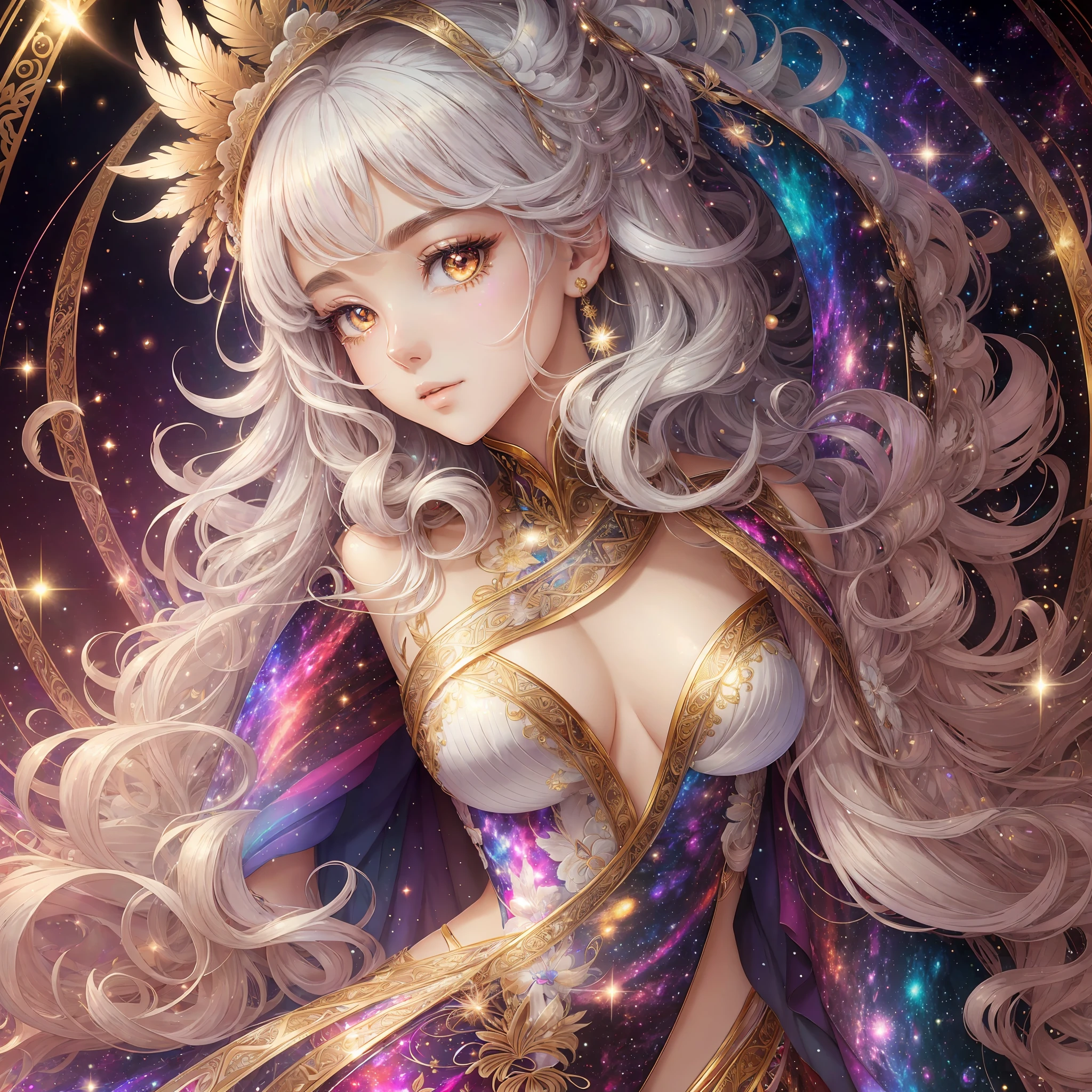 high resolution, best quality, masterpiece, very high image quality, ultra-detailed, hyperrealistic, 3d, anime, illustrations, fantasy, solo, very Beautiful woman with gentle seductive calm face, white medium hair, high layer cut, mullet hair style, sparkling gold big eyes, perfect proportions, full body, feather robe, thin gold line embroidery, background kaleidoscope galaxy rainbow colors of light, neon color light, neon color many thin lines --auto --s2