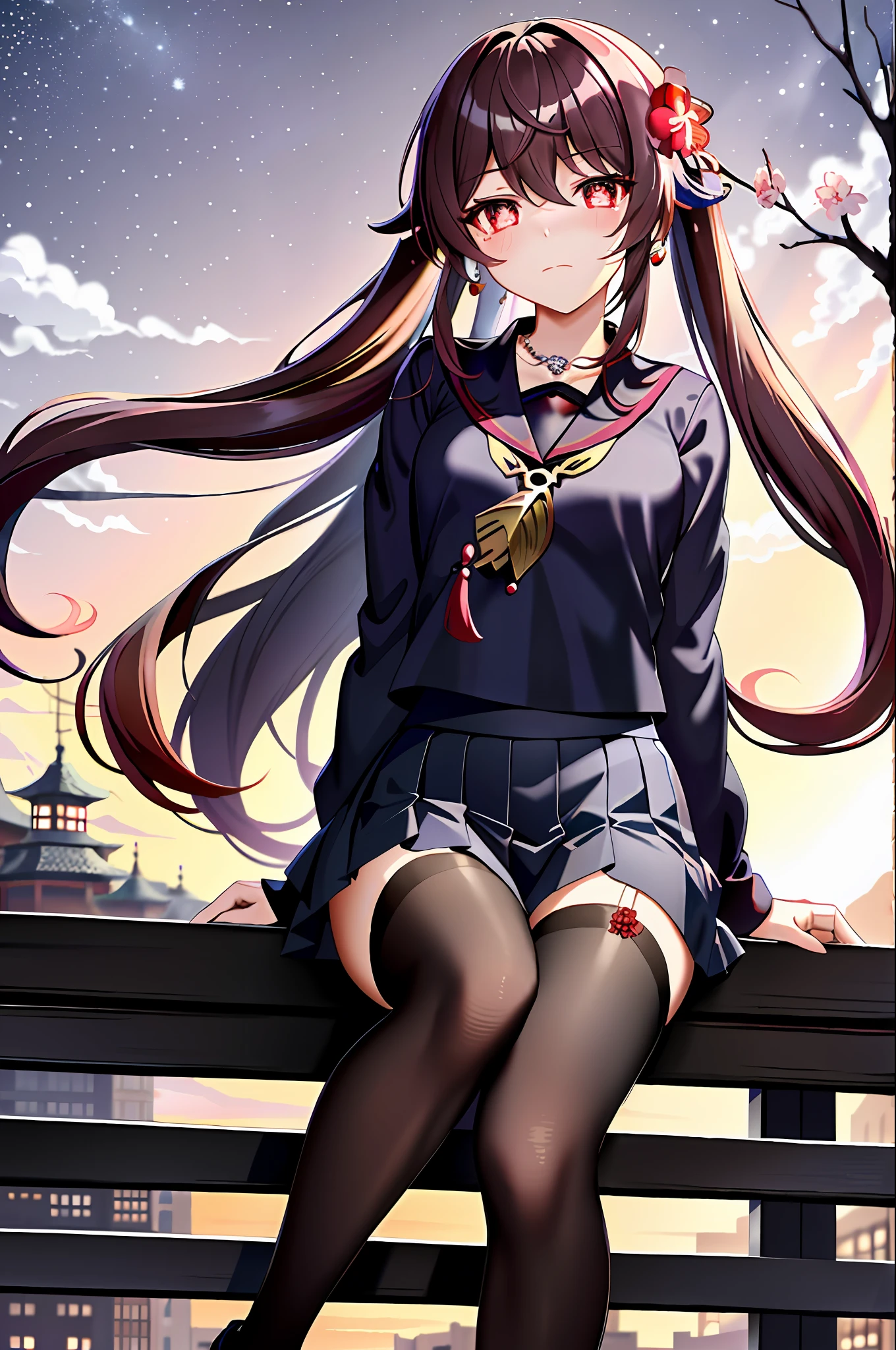 (((masterpiece))),bestquality,illustration,hutao\(genshin\), 1girl,full body, standing, (red eyes), (plum blossom shaped eyes), (beautifuldetailedeyes),cute face, aqua eyes, looking at viewer,expressionless eyes, crying with eyes open, tears,sad, frown, closed mouth, navy blue serafuku, pleated_skirt, white thighhighs, uwabaki, earrings, necklace, sitting, dusk, sunset, sky, cityscape, landscape, beautiful detailed sky,