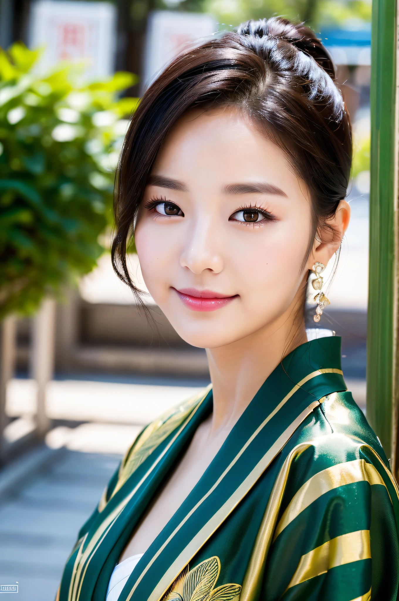 ((Top Quality, 8K, Masterpiece: 1.3)), Sharp Focus: 1.2, (Korean Cute Actress No.1), Realistic Photo (Shiny Skin), Realistic Photo, Black Hair, Wear Kimono, Realistic Pupil, Movie Lighting, Highly Detailed Eyes and Face, Movie Lighting, Smile